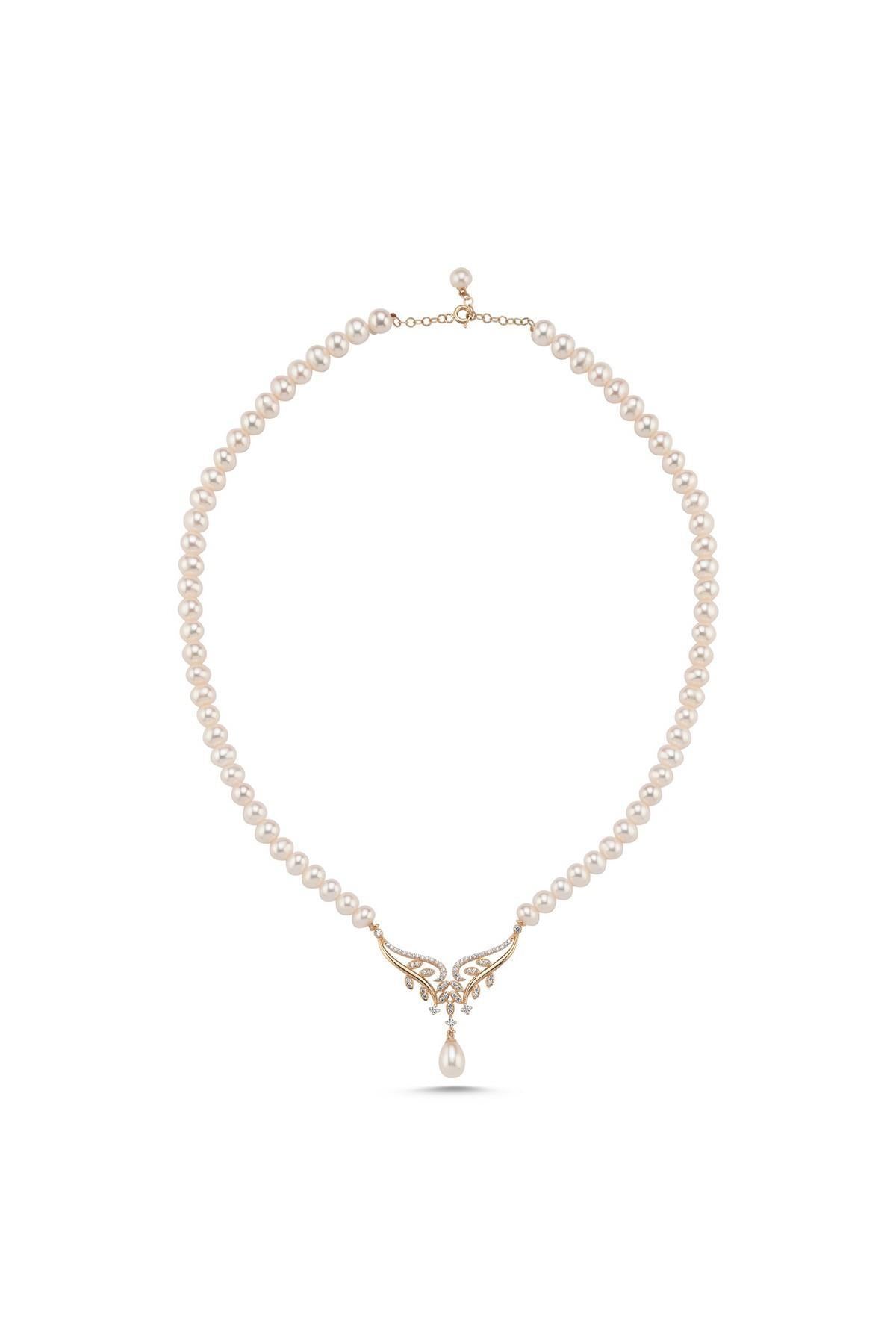 Yaprak Taşlı Doğal İnci Kolye