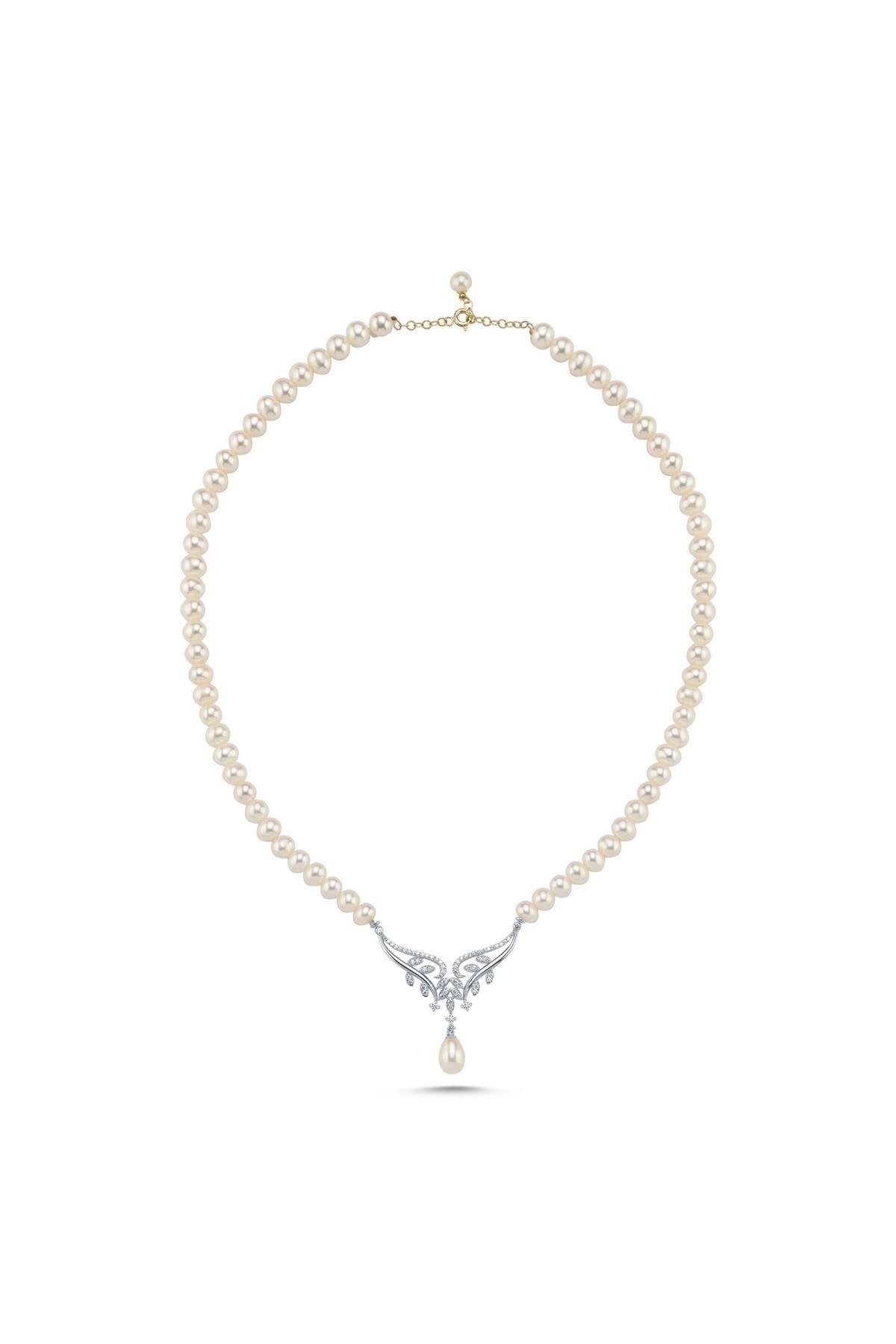 Yaprak Taşlı Doğal İnci Kolye