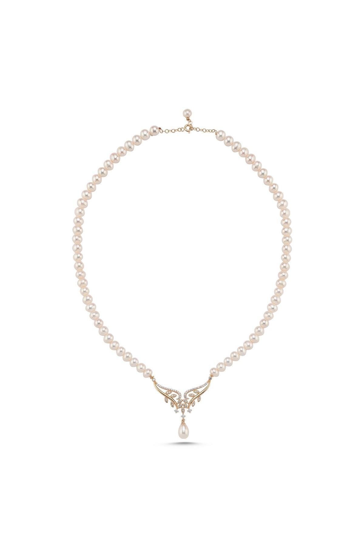 Yaprak Taşlı Doğal İnci Kolye