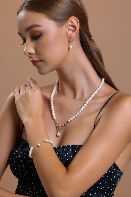 Yaprak Taşlı Doğal İnci Küpe Kolye Bileklik Üçlü Set