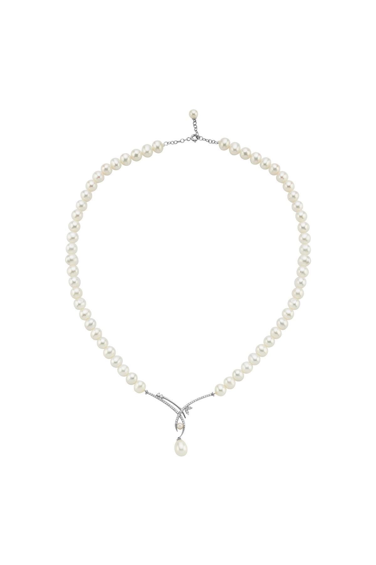 Yaprak Taşlı Doğal İnci Sallantılı Kolye