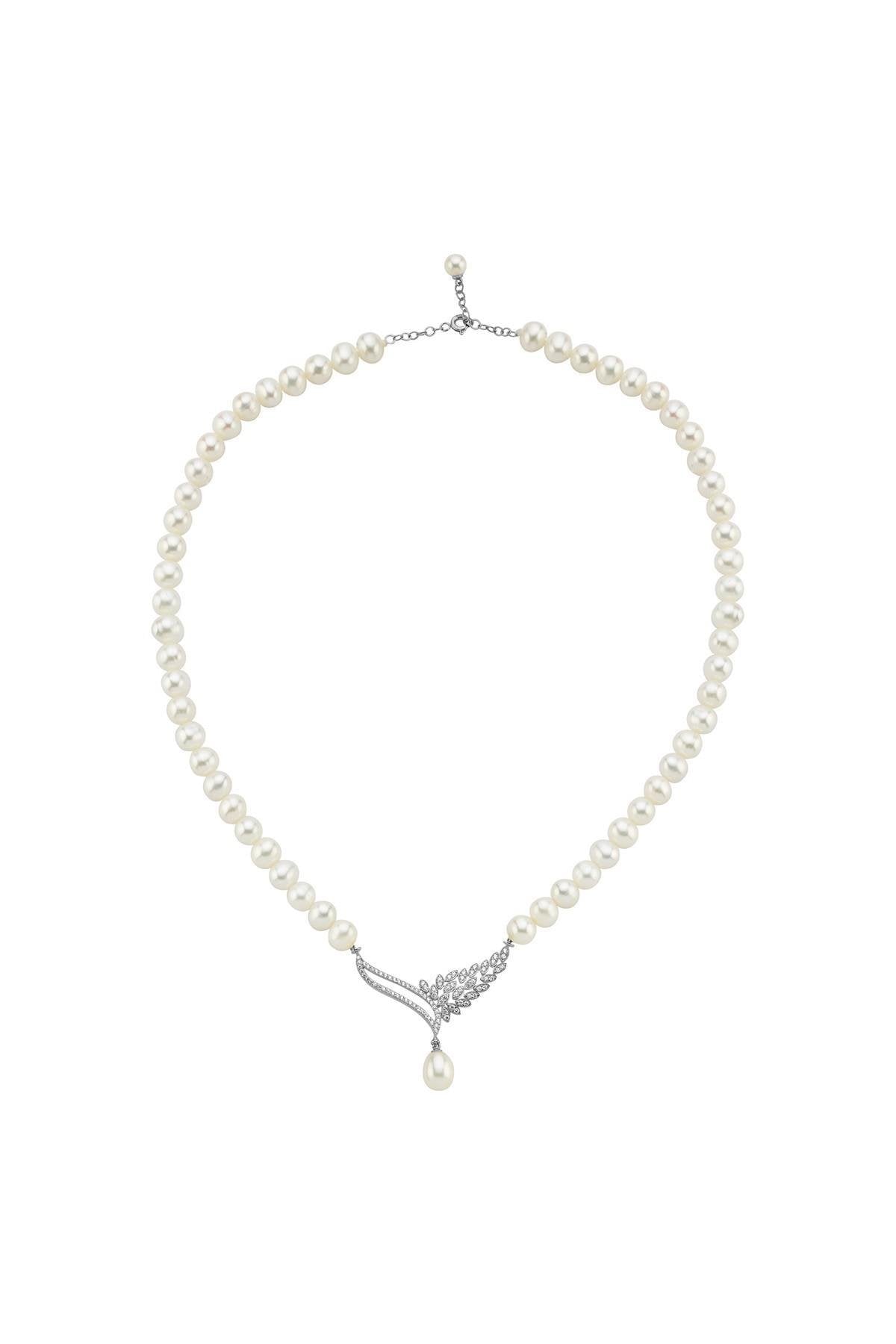 Yaprak Taşlı Doğal İnci Kolye