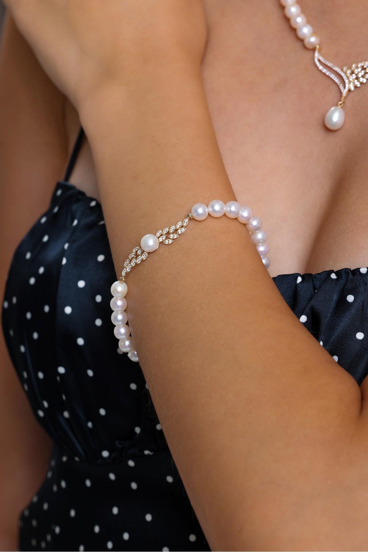 Yaprak Taşlı Doğal İnci Küpe Kolye Bileklik Üçlü Set