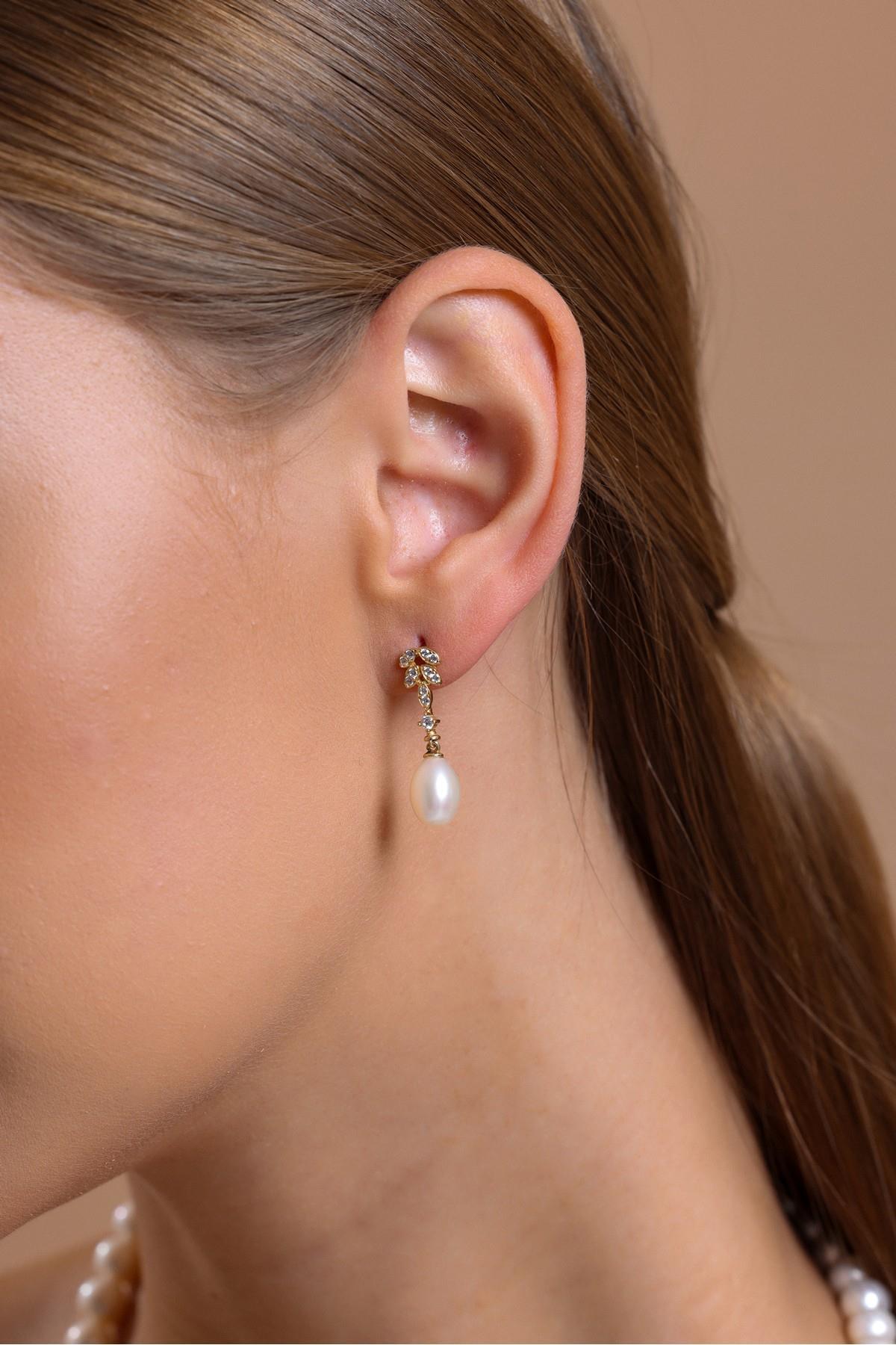 Yaprak Taşlı Doğal İnci Küpe Kolye Bileklik Üçlü Set