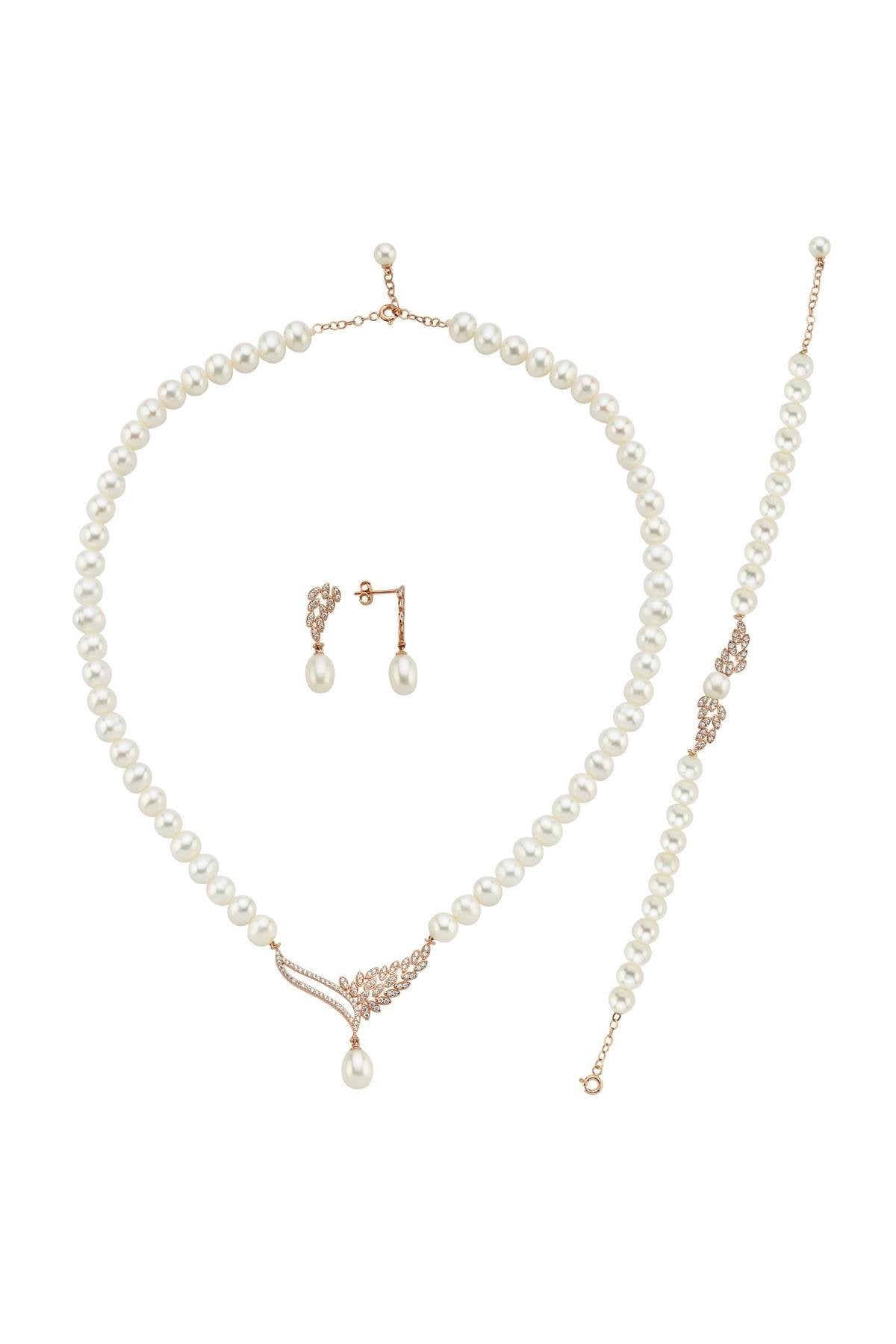 Yaprak Taşlı Doğal İnci Küpe Kolye Bileklik Üçlü Set