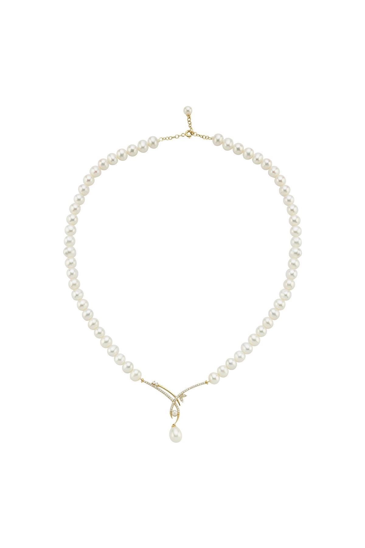 Yaprak Taşlı Doğal İnci Sallantılı Kolye