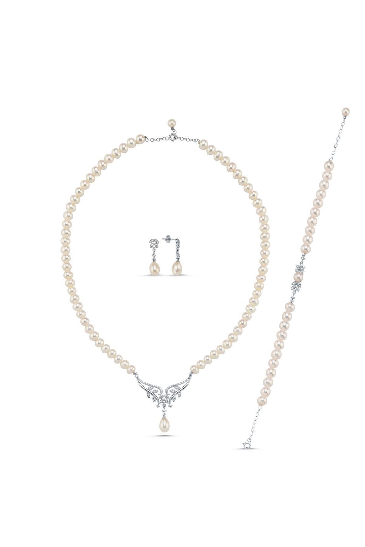 Yaprak Taşlı Doğal İnci Küpe Kolye Bileklik Üçlü Set