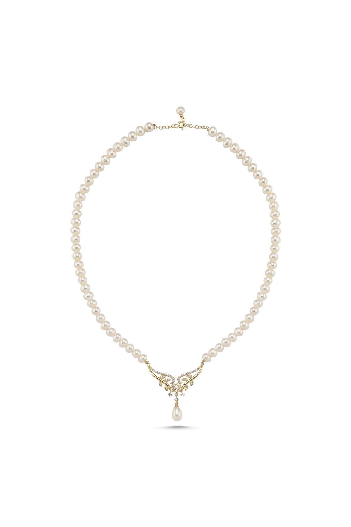 Yaprak Taşlı Doğal İnci Kolye