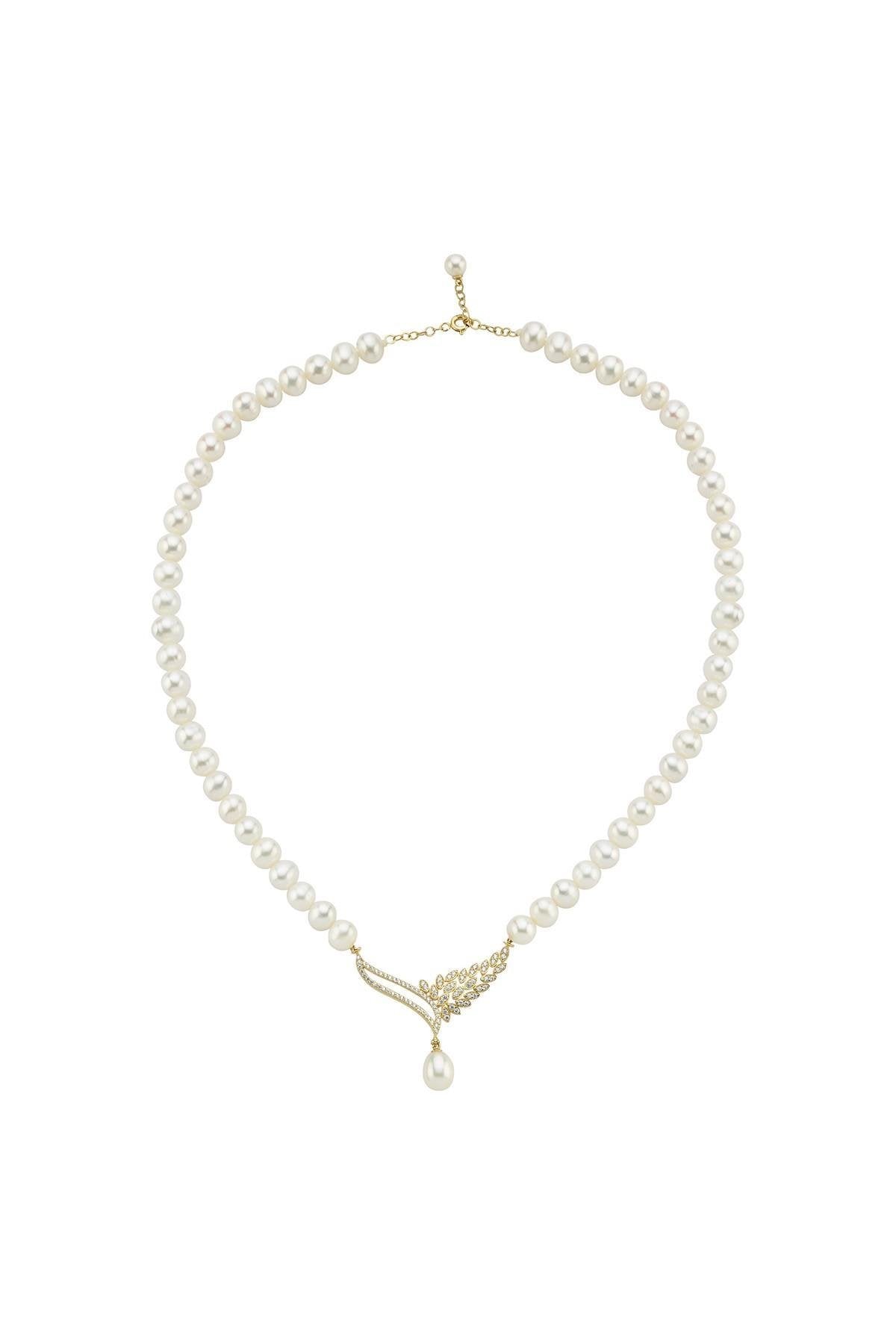 Yaprak Taşlı Doğal İnci Kolye