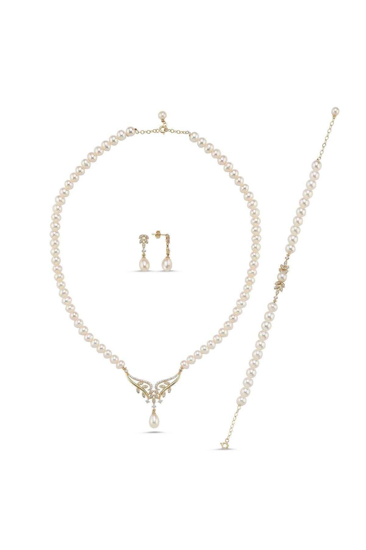 Yaprak Taşlı Doğal İnci Küpe Kolye Bileklik Üçlü Set