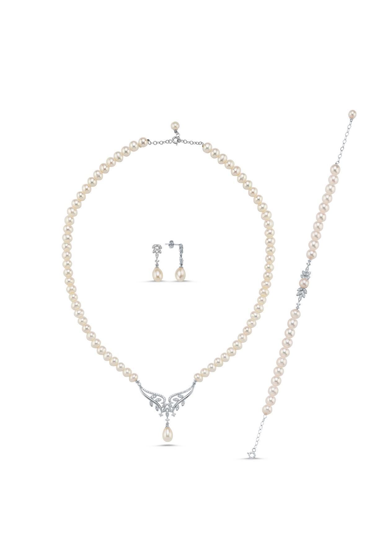 Yaprak Taşlı Doğal İnci Küpe Kolye Bileklik Üçlü Set