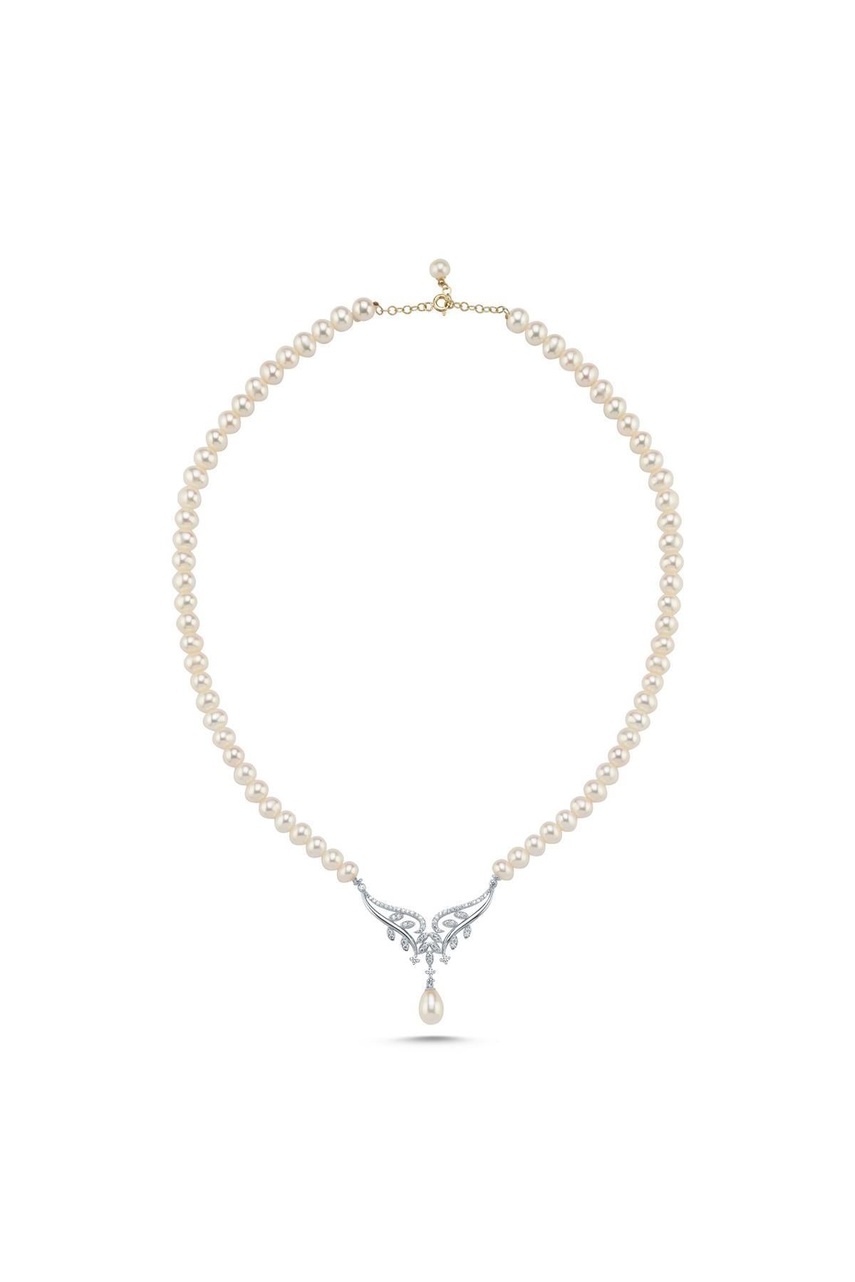 Yaprak Taşlı Doğal İnci Kolye