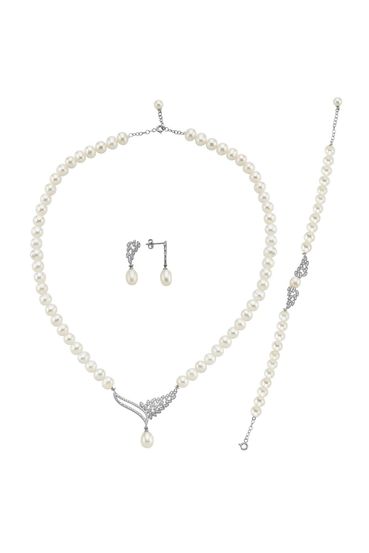 Yaprak Taşlı Doğal İnci Küpe Kolye Bileklik Üçlü Set