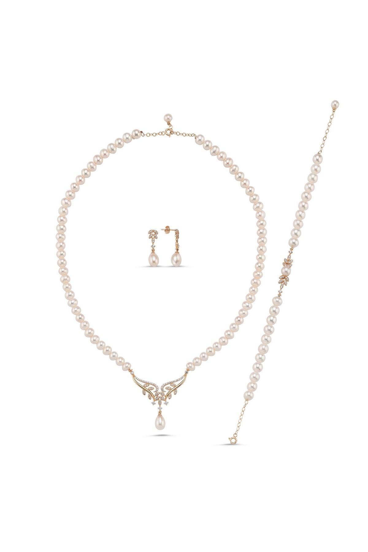 Yaprak Taşlı Doğal İnci Küpe Kolye Bileklik Üçlü Set