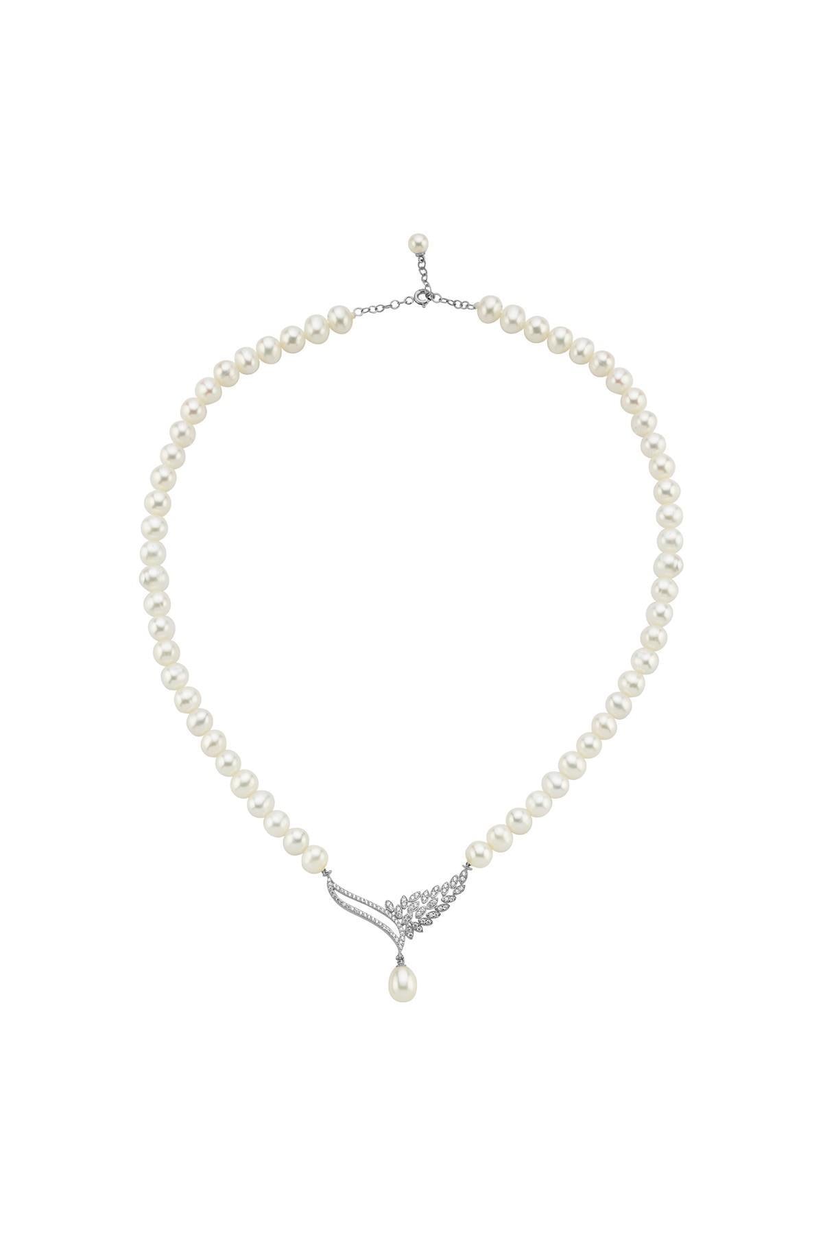 Yaprak Taşlı Doğal İnci Kolye