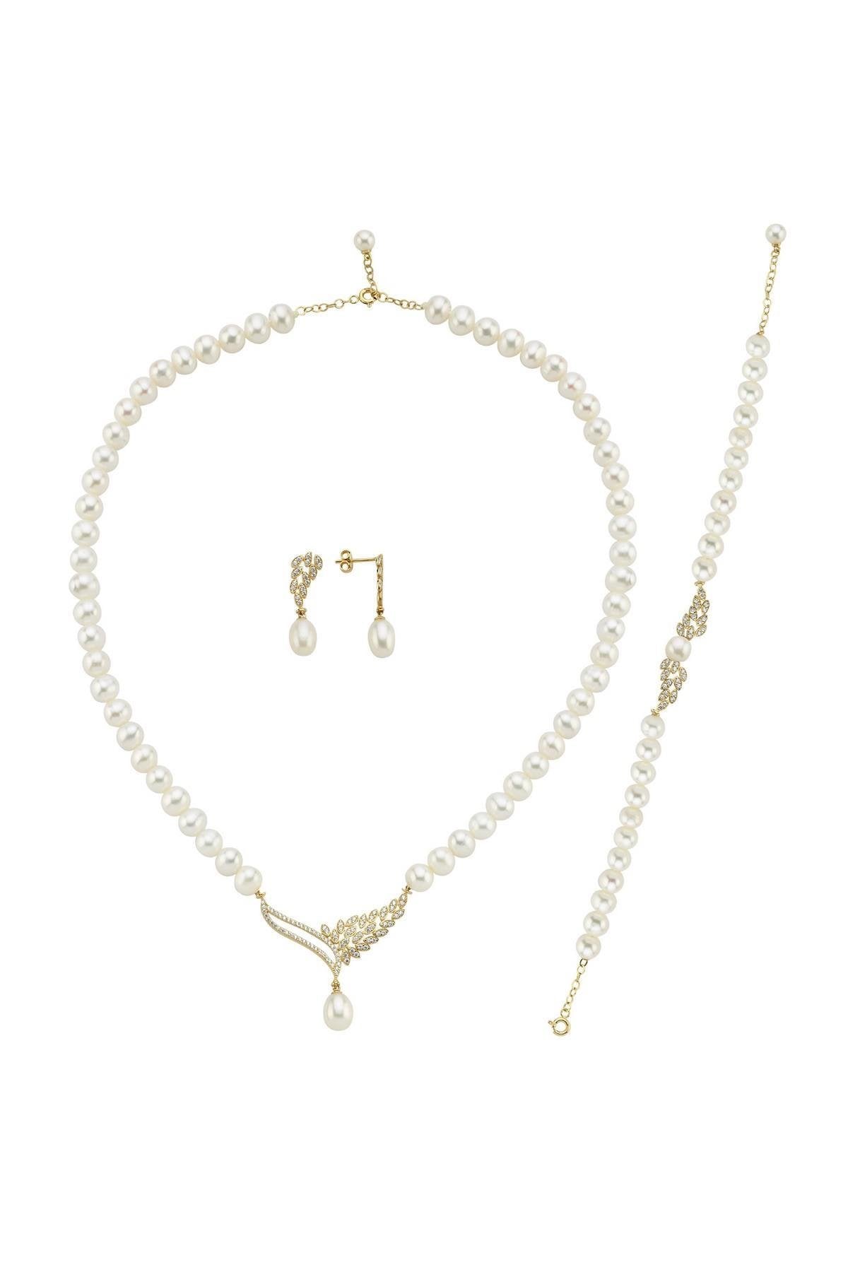 Yaprak Taşlı Doğal İnci Küpe Kolye Bileklik Üçlü Set