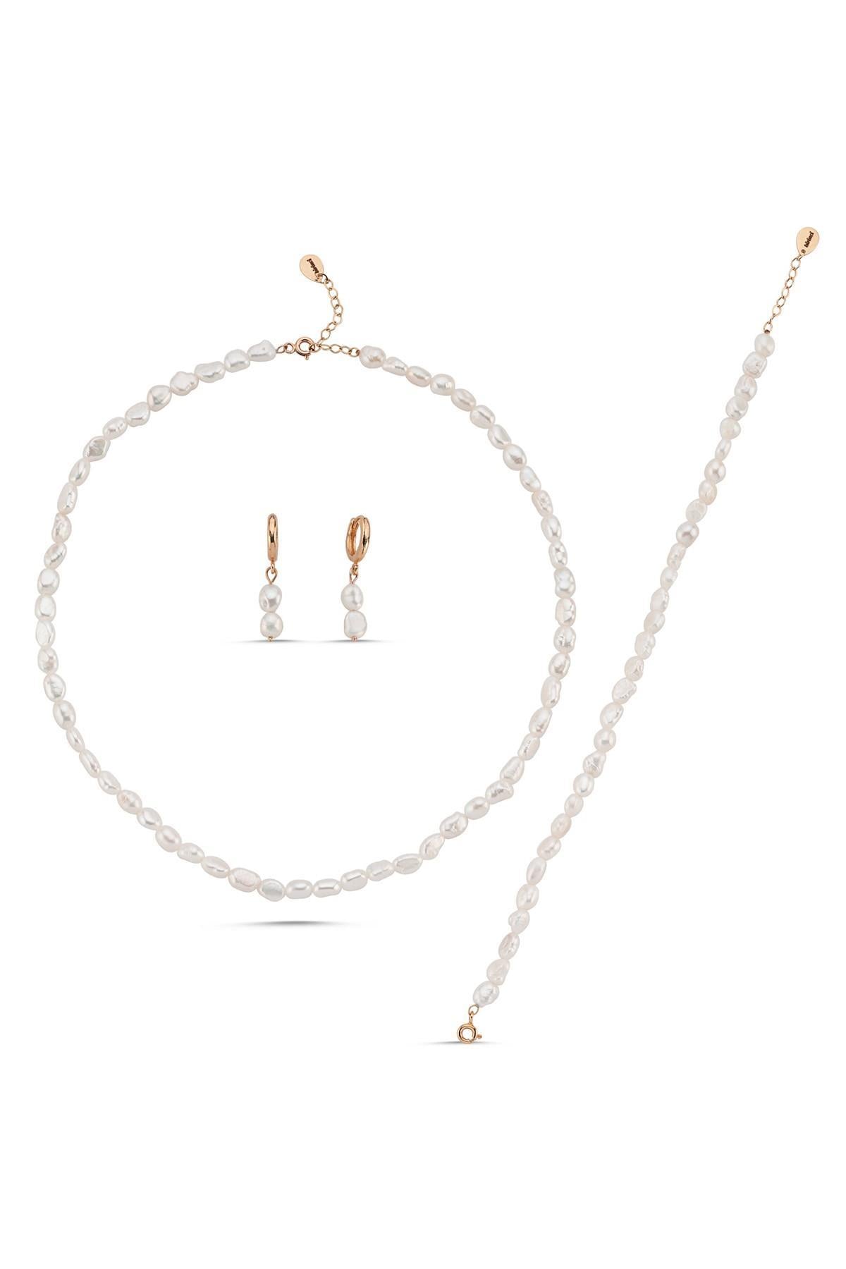 Yassı Barok İnci Kolye Bileklik Küpe Üçlü Set