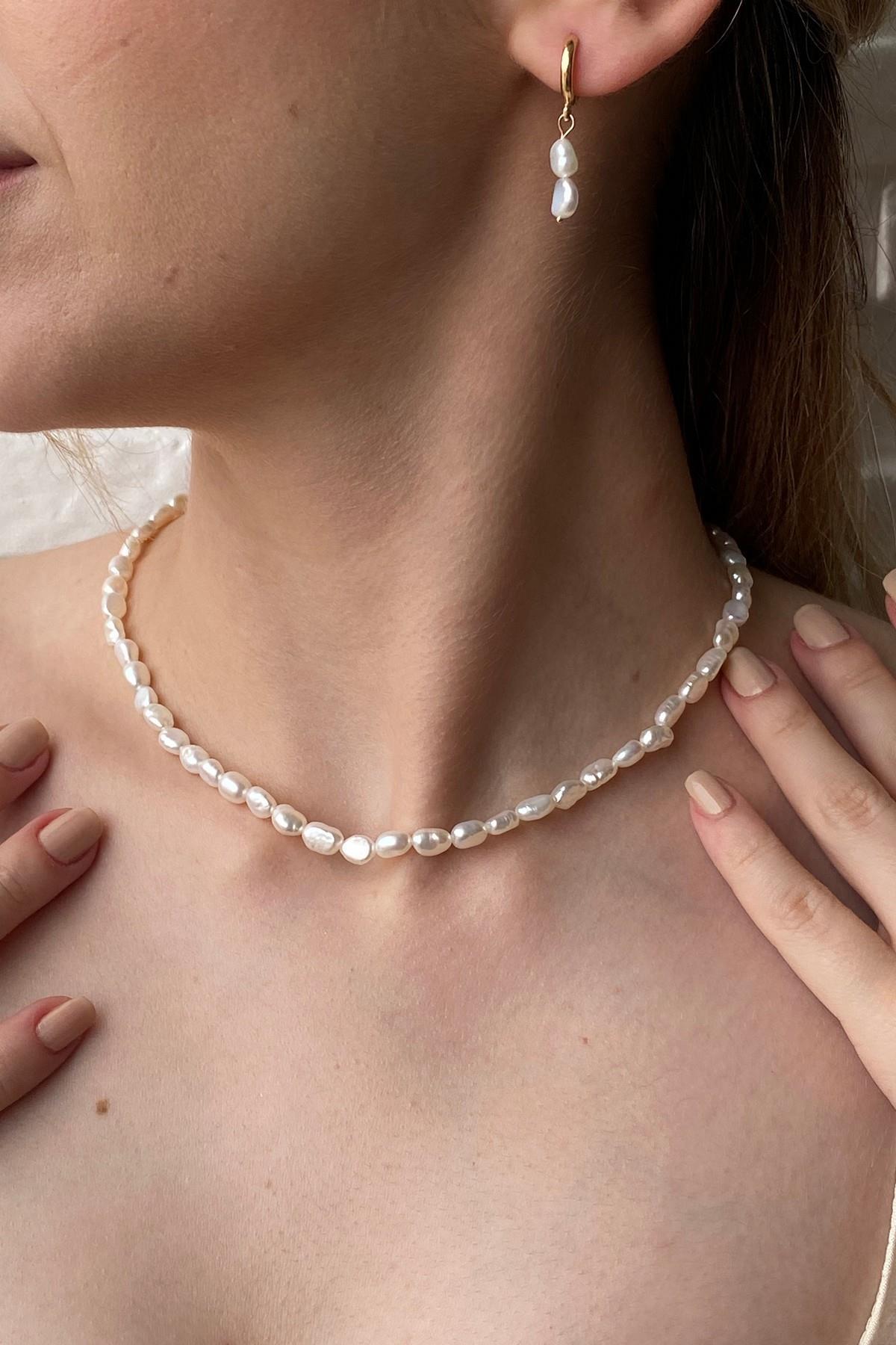 Yassı Barok İnci Kolye Bileklik Küpe Üçlü Set