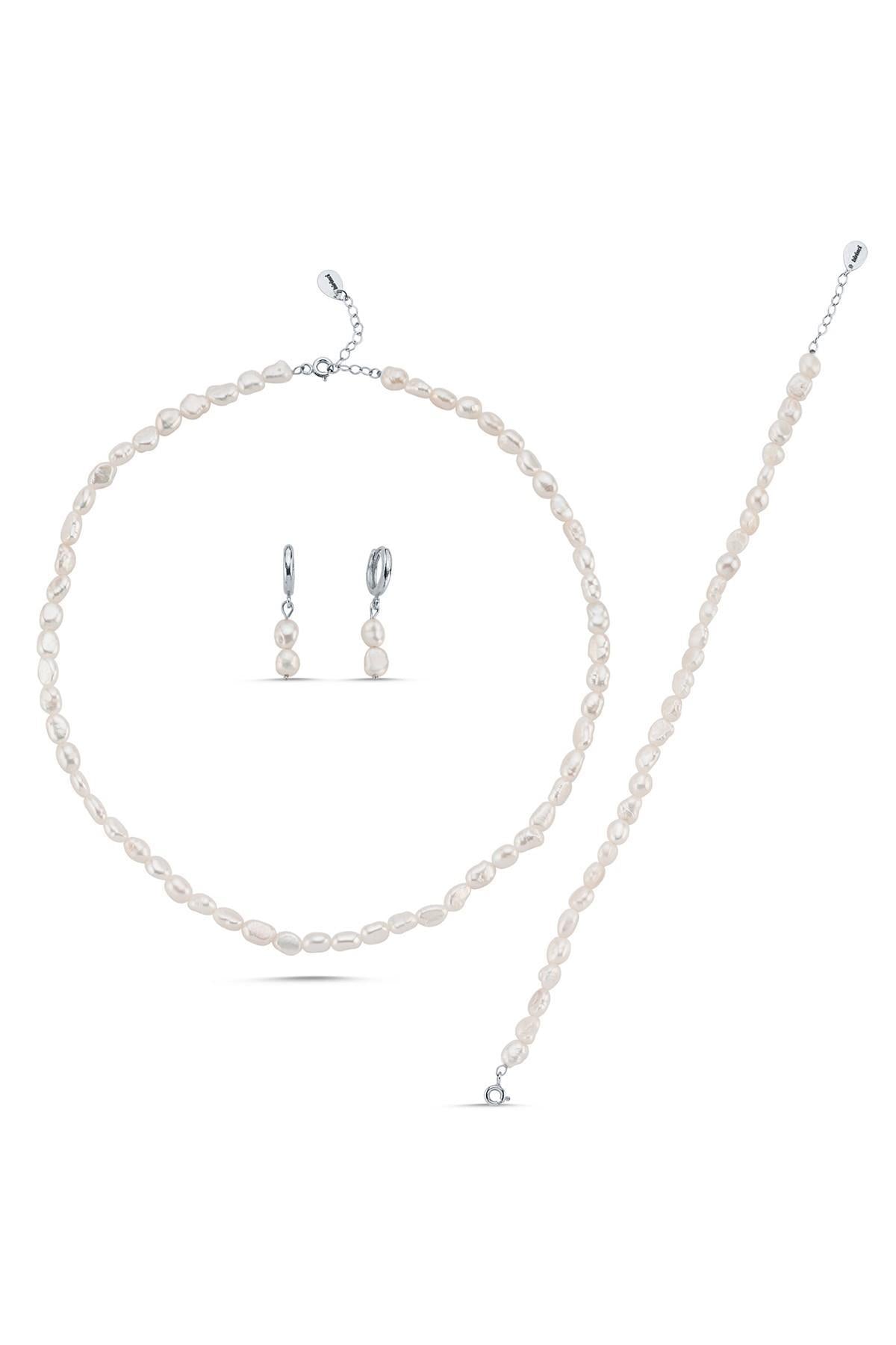 Yassı Barok İnci Kolye Bileklik Küpe Üçlü Set