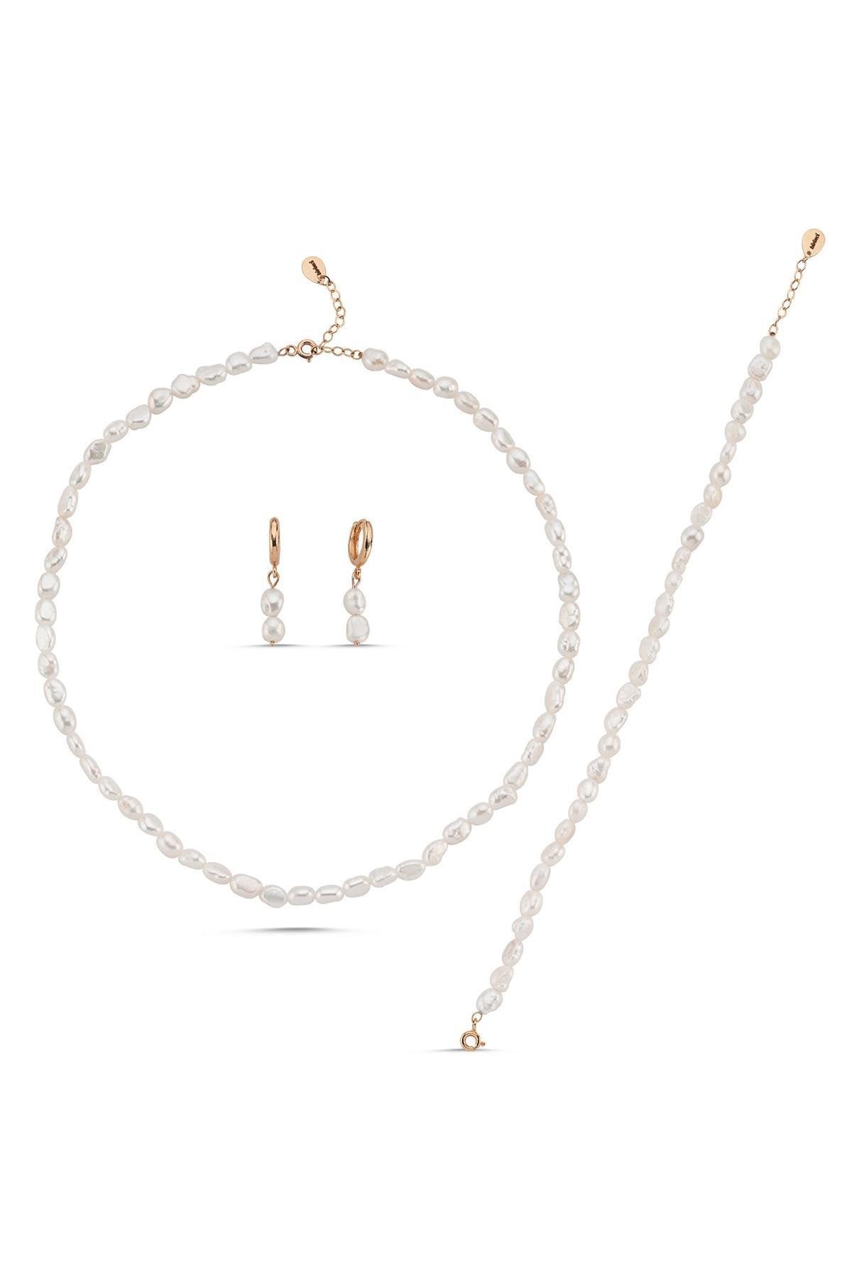 Yassı Barok İnci Kolye Bileklik Küpe Üçlü Set