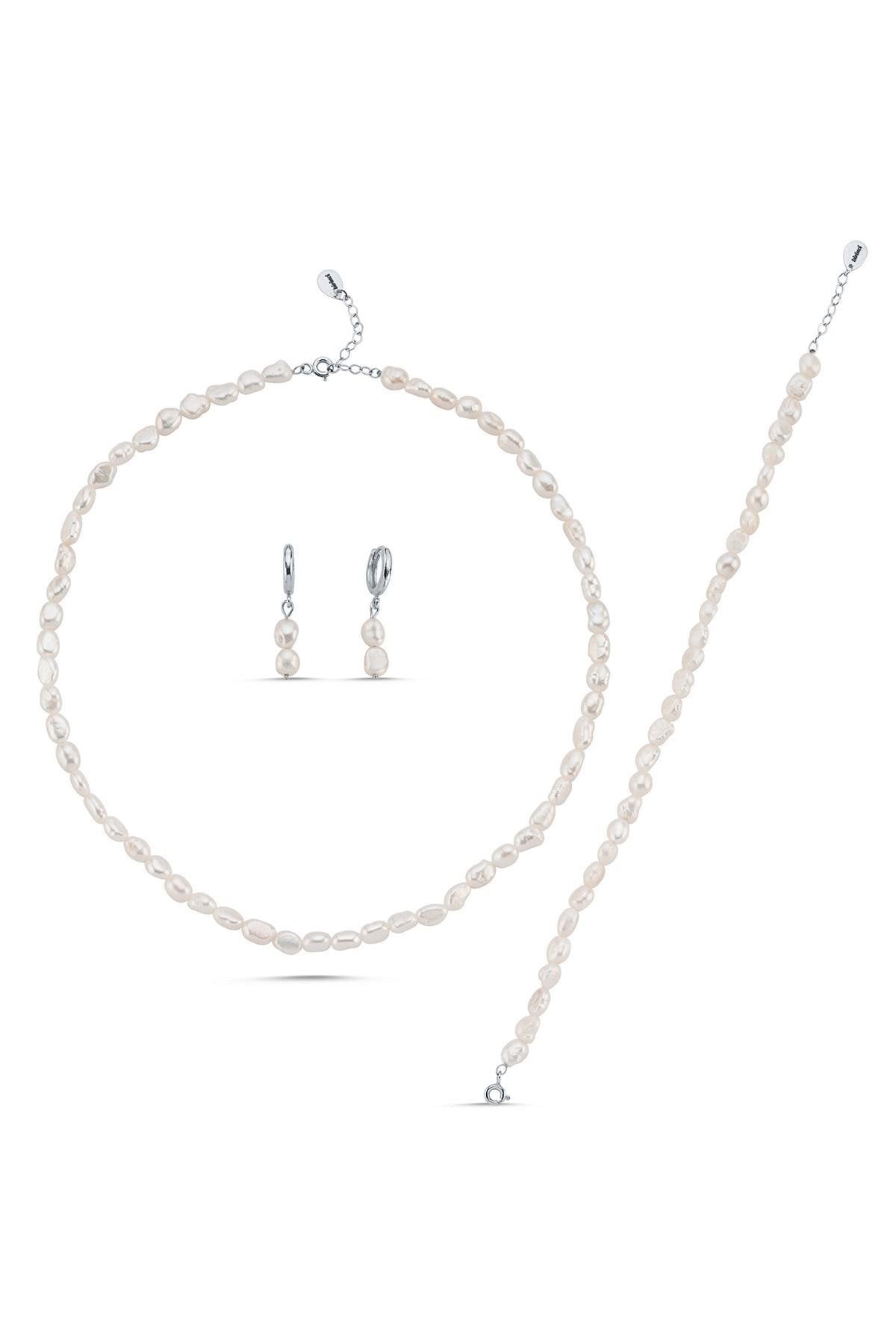 Yassı Barok İnci Kolye Bileklik Küpe Üçlü Set