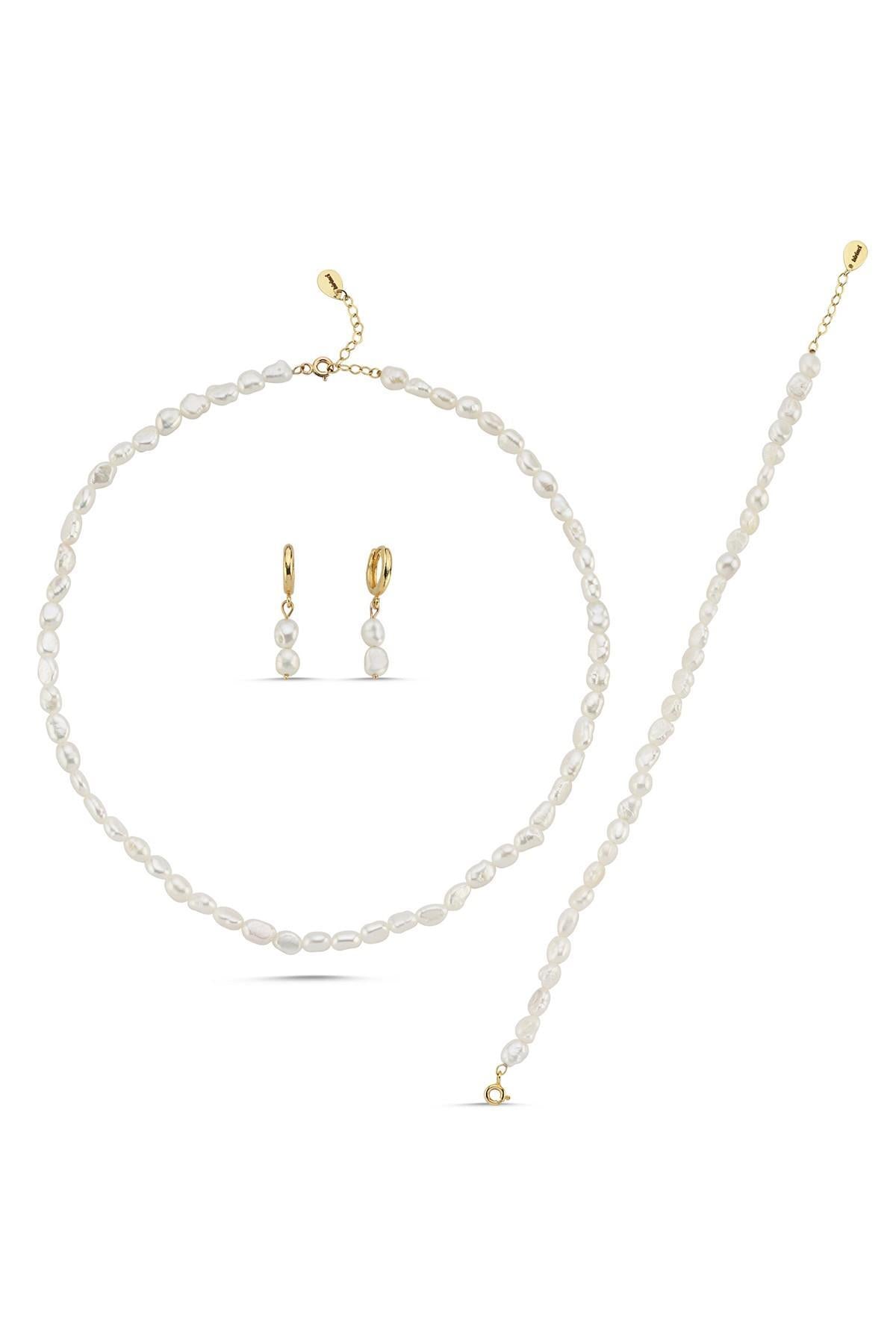 Yassı Barok İnci Kolye Bileklik Küpe Üçlü Set