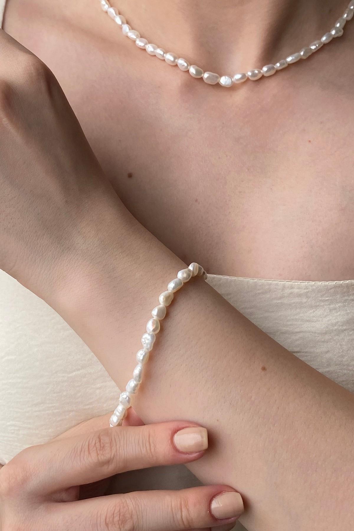 Yassı Barok İnci Kolye Bileklik Küpe Üçlü Set