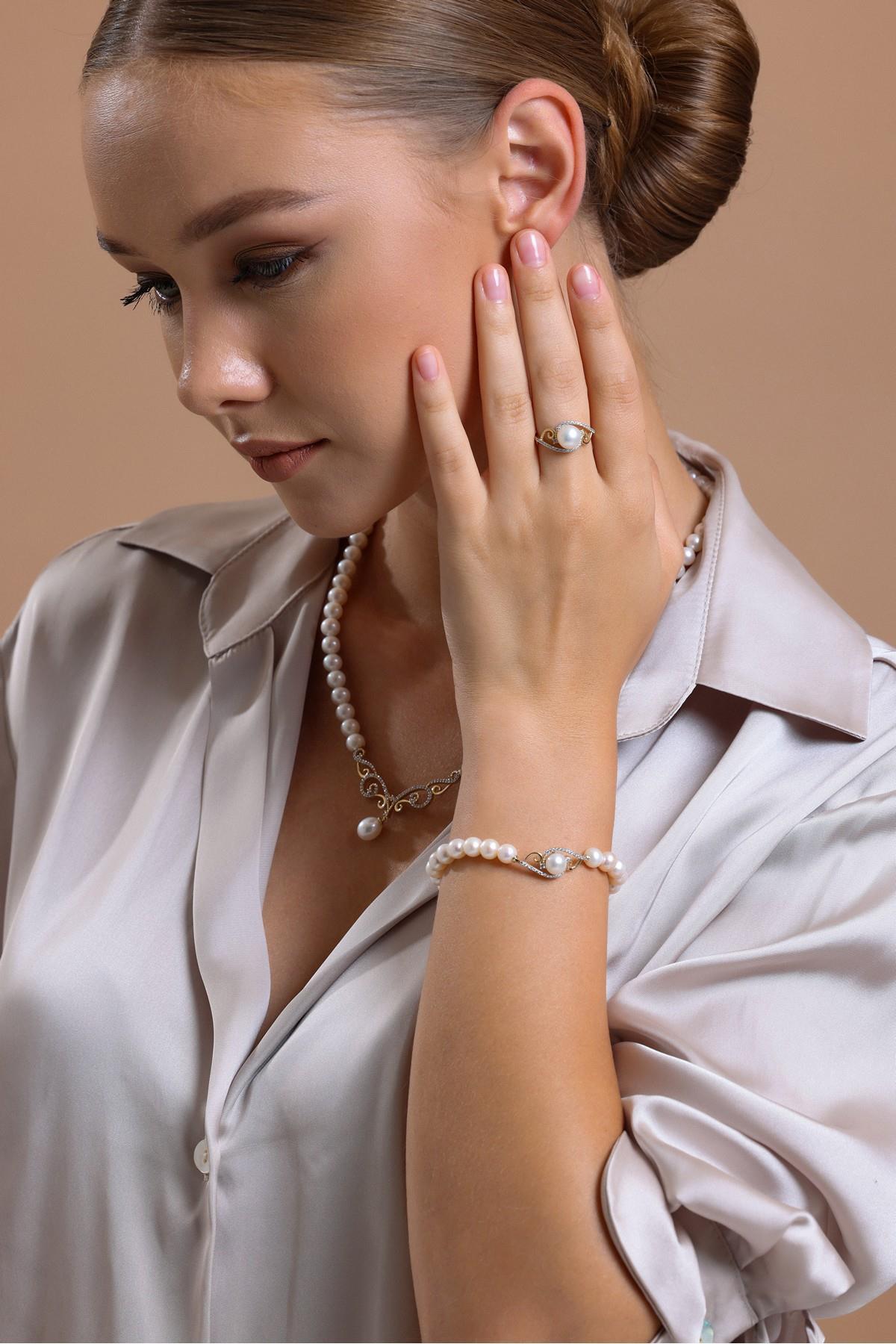 Zirkon Taşlı Doğal İnci Yüzük