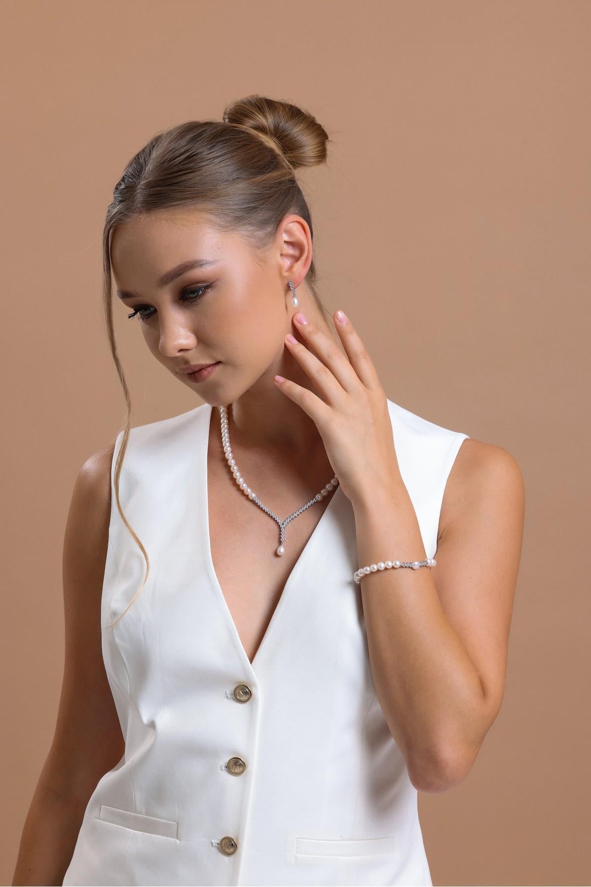 Zirkon Taşlı Doğal İnci Küpe