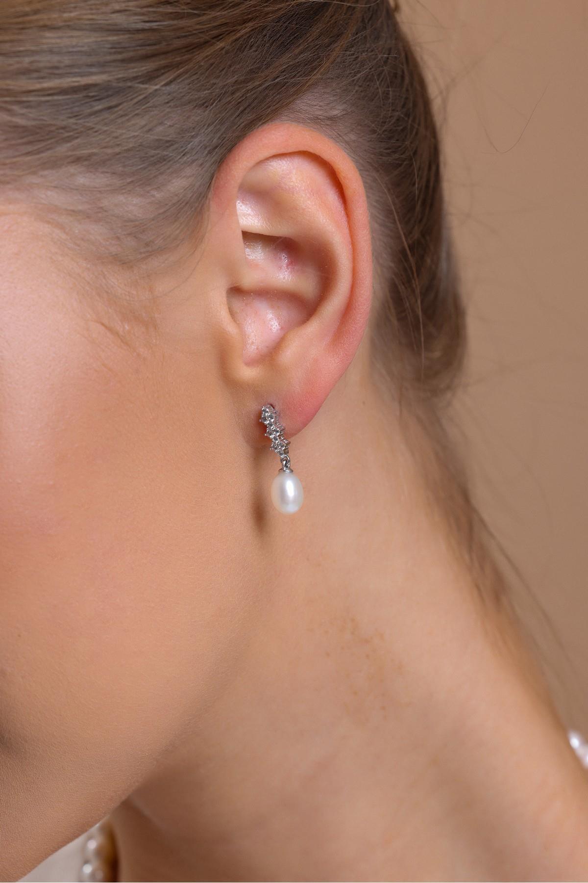 Zirkon Taşlı Doğal İnci Küpe