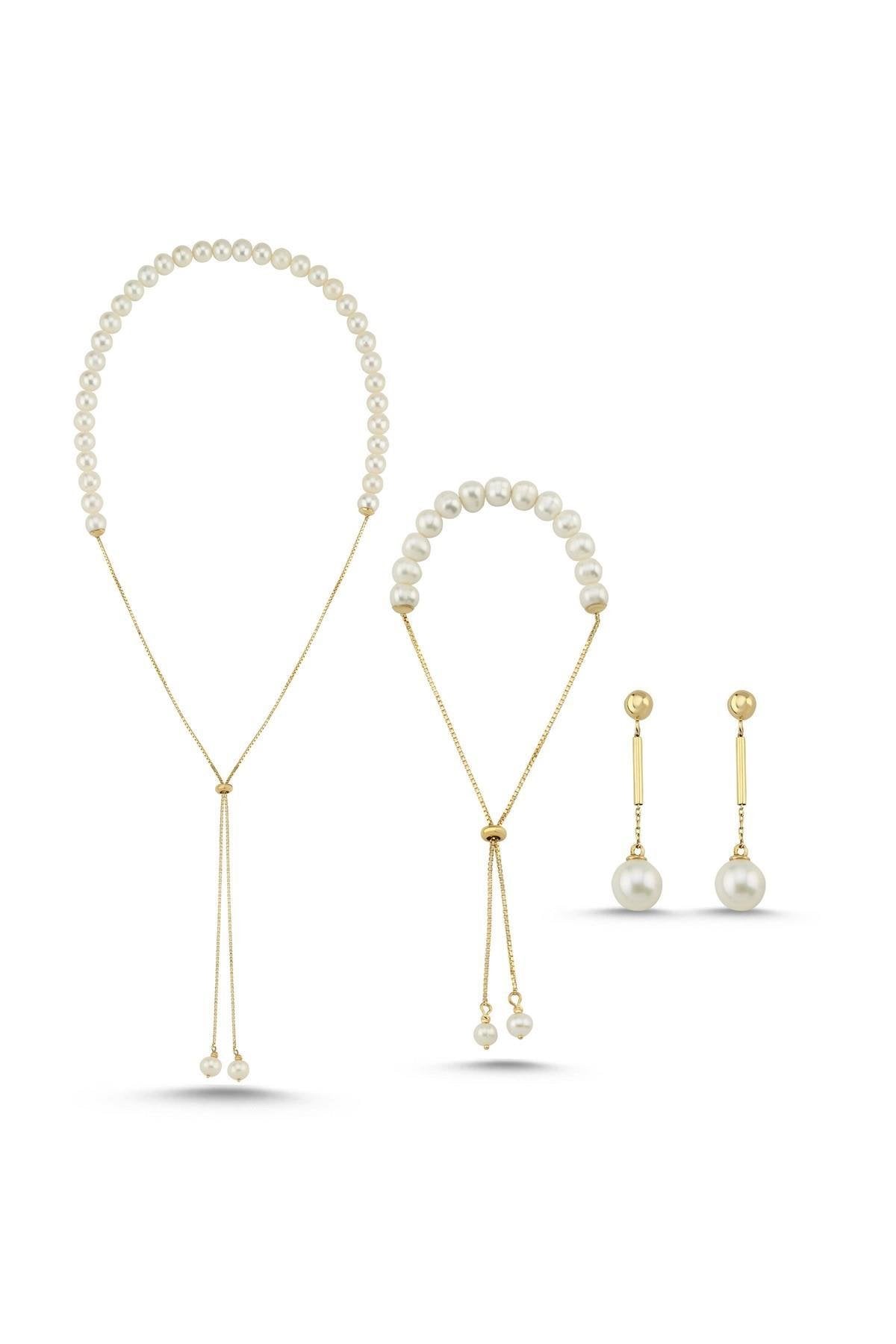 Asansör Zincirli Doğal İnci Küpe Kolye Bileklik Üçlü Set