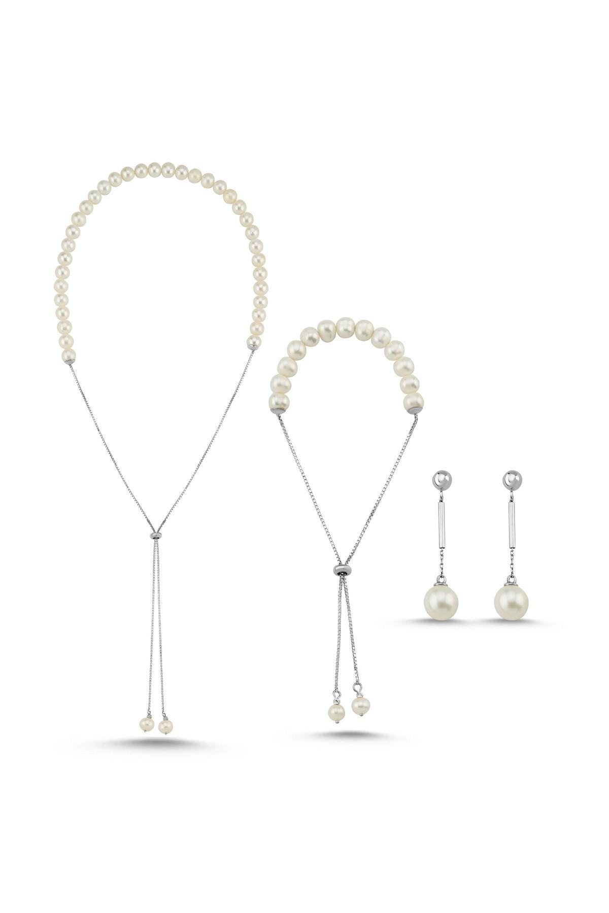 Asansör Zincirli Doğal İnci Küpe Kolye Bileklik Üçlü Set