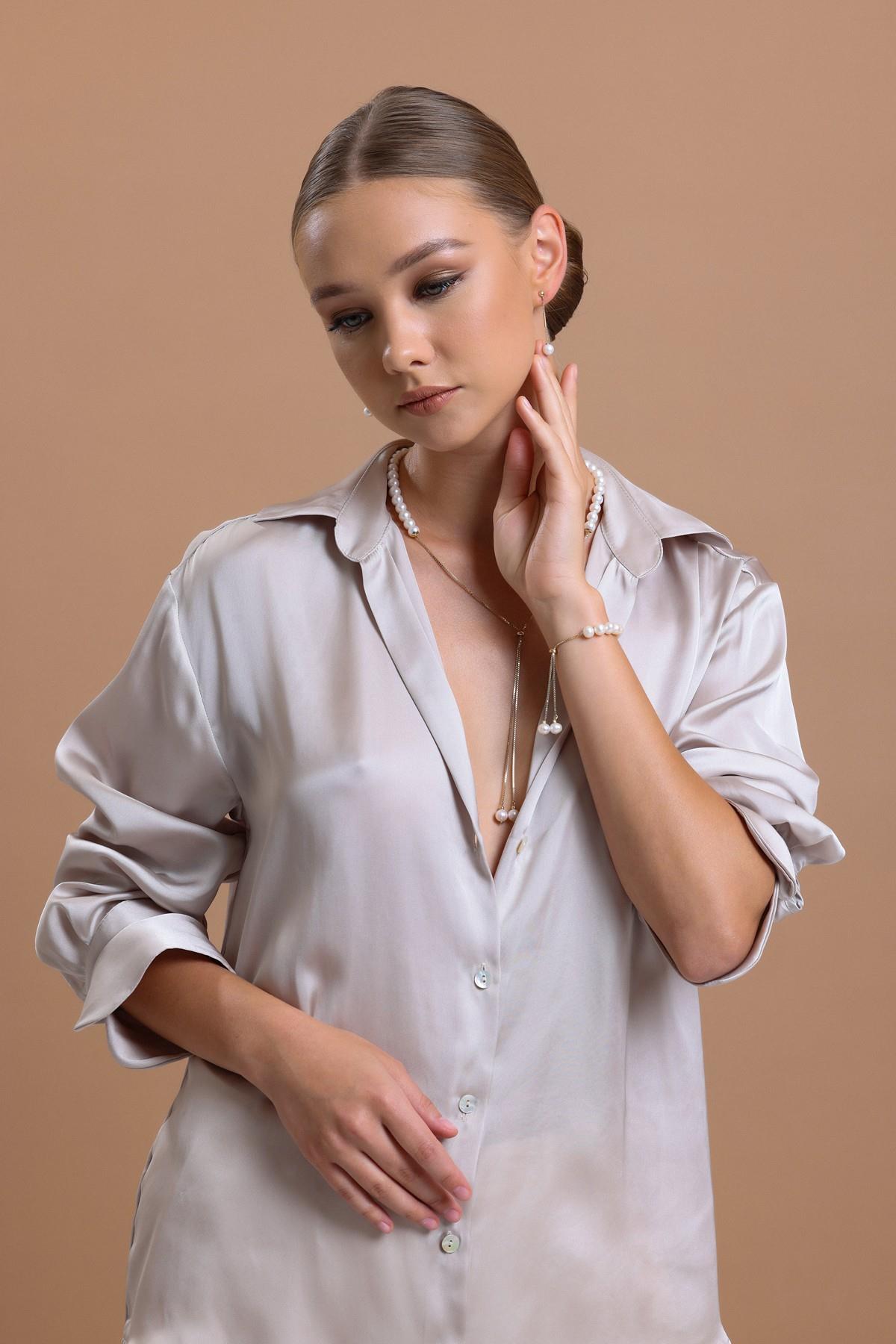 Asansör Zincirli Doğal İnci Küpe Kolye Bileklik Üçlü Set