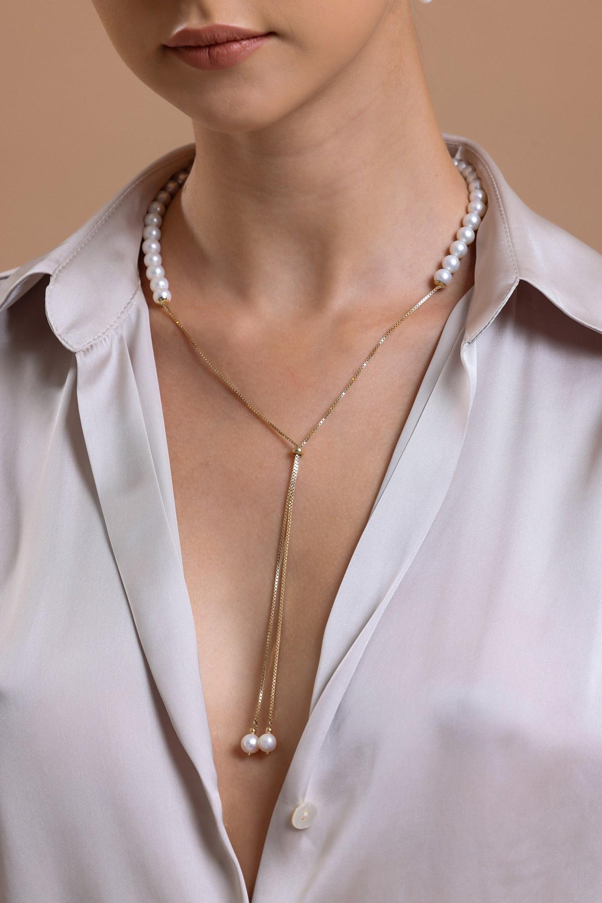 Asansör Zincirli Doğal İnci Kolye