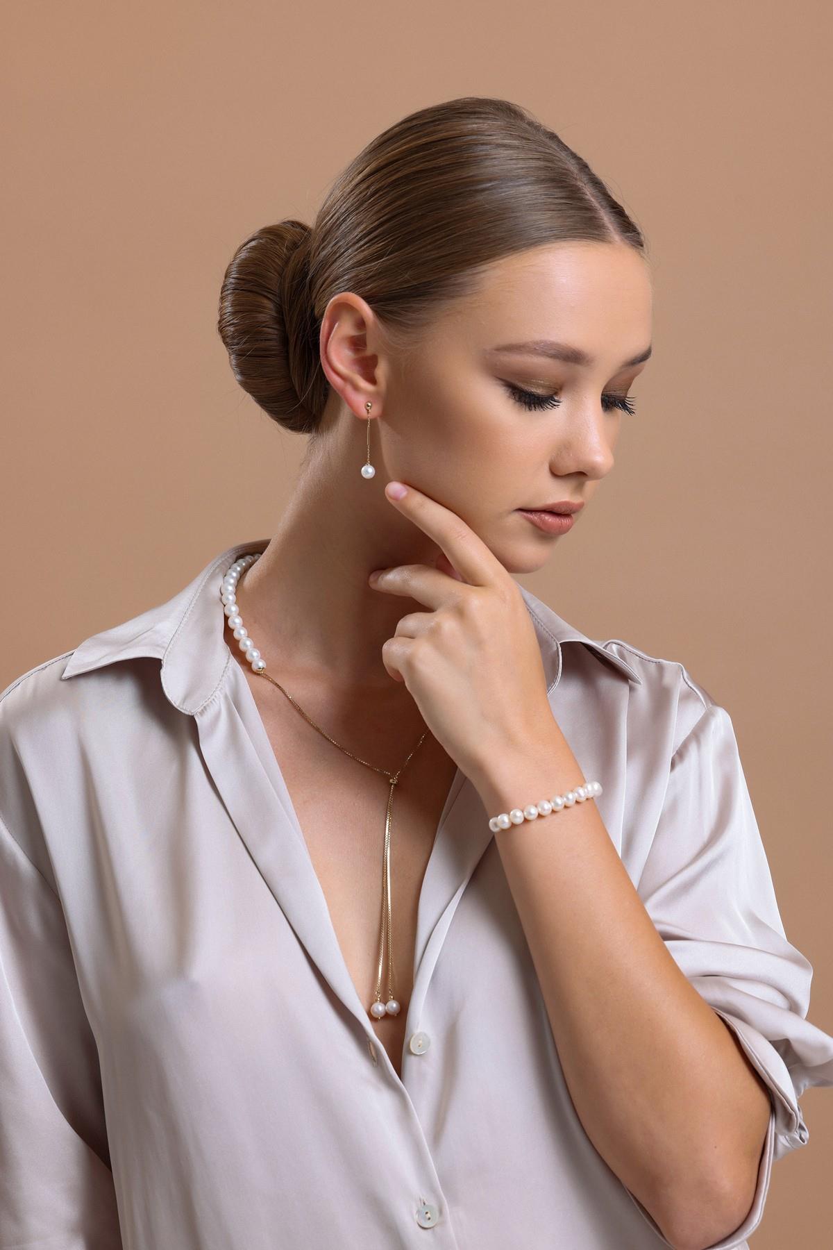 Asansör Zincirli Doğal İnci Küpe Kolye Bileklik Üçlü Set