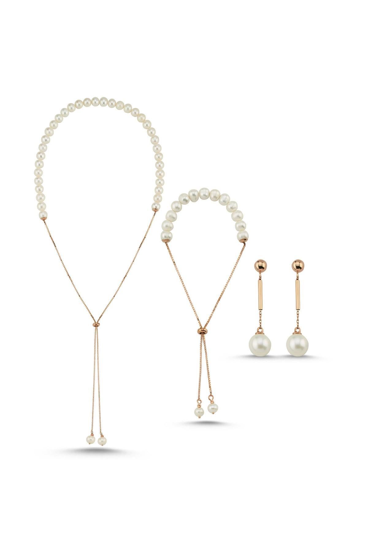 Asansör Zincirli Doğal İnci Küpe Kolye Bileklik Üçlü Set