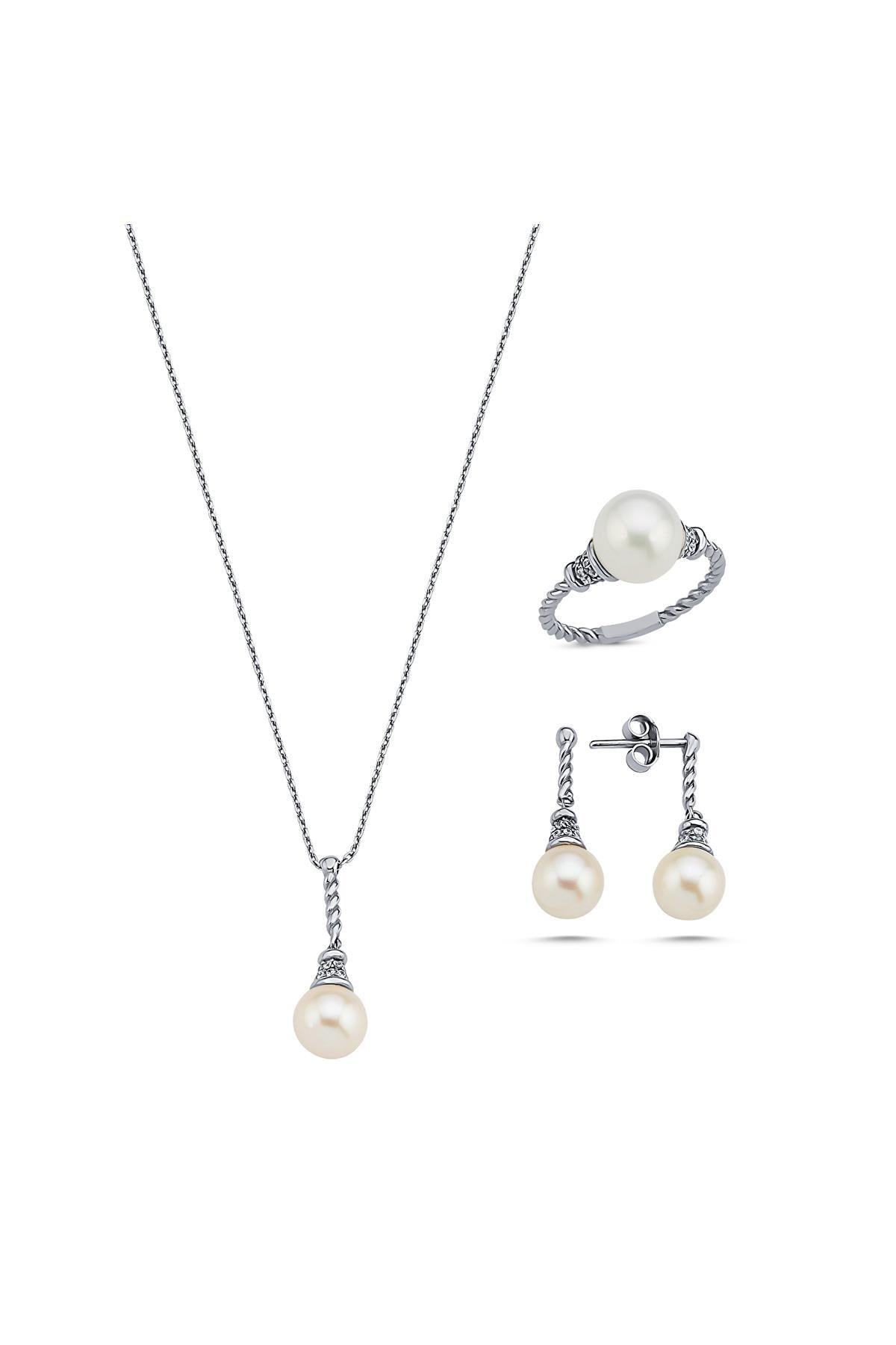 Burgulu Zirkon Taşlı Doğal İnci Küpe Kolye Yüzük Üçlü Set