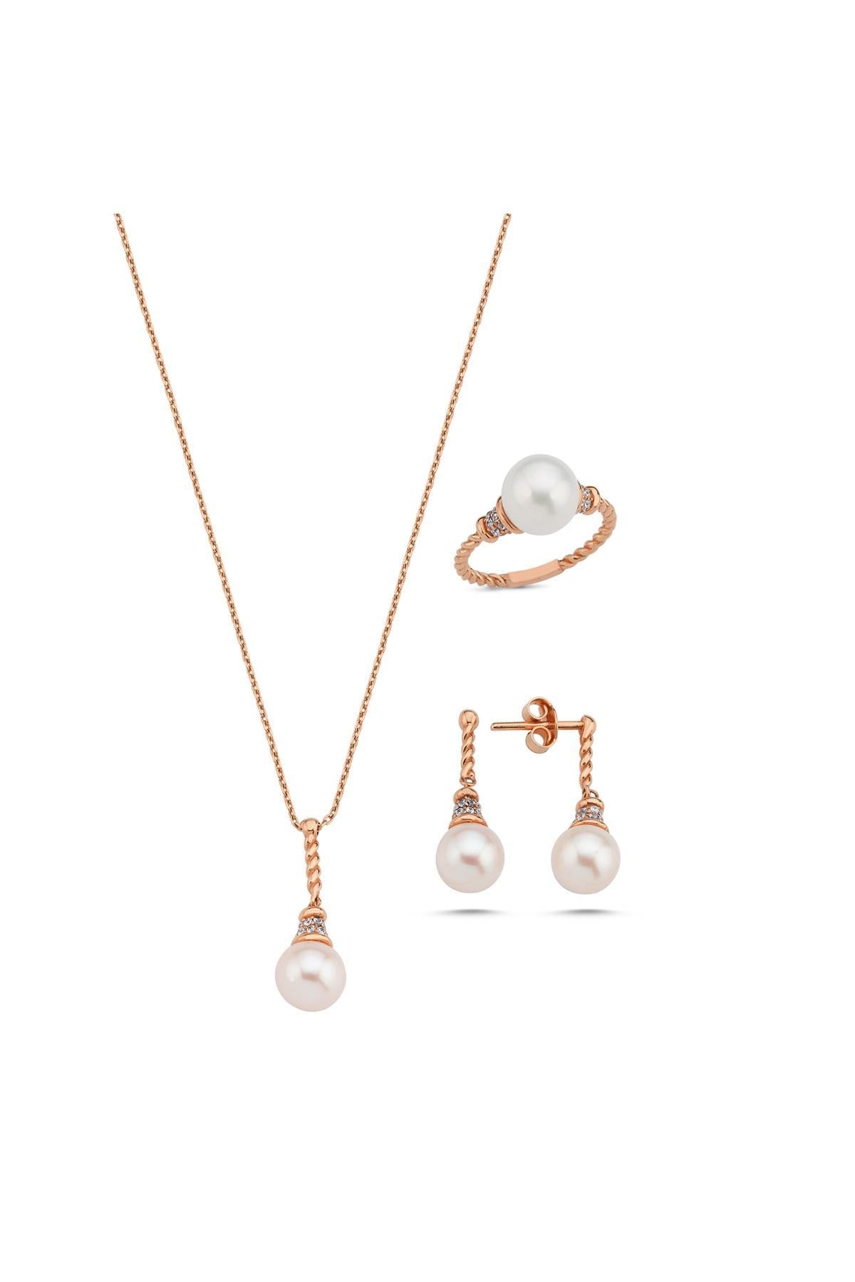 Burgulu Zirkon Taşlı Doğal İnci Küpe Kolye Yüzük Üçlü Set