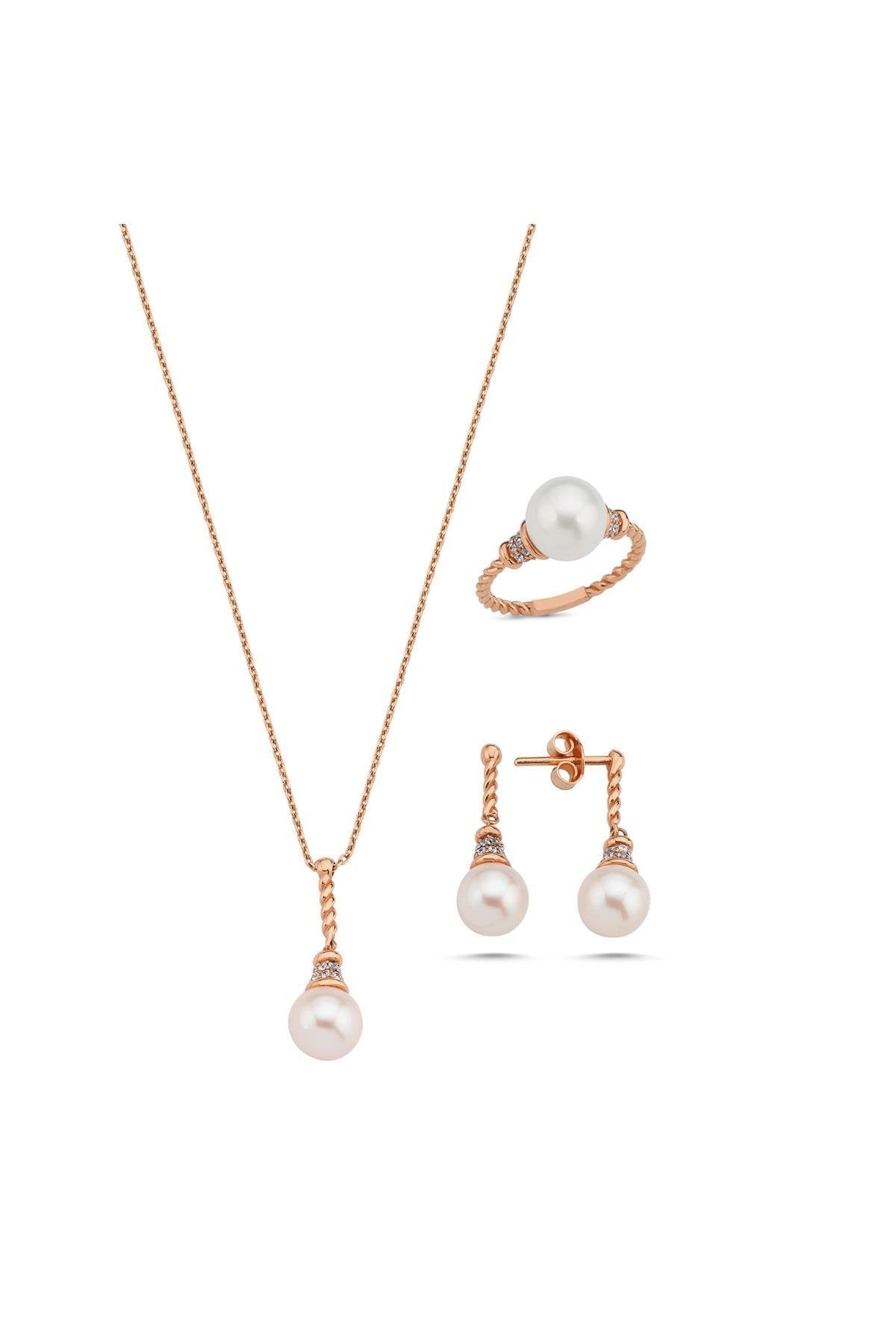 Burgulu Zirkon Taşlı Doğal İnci Küpe Kolye Yüzük Üçlü Set