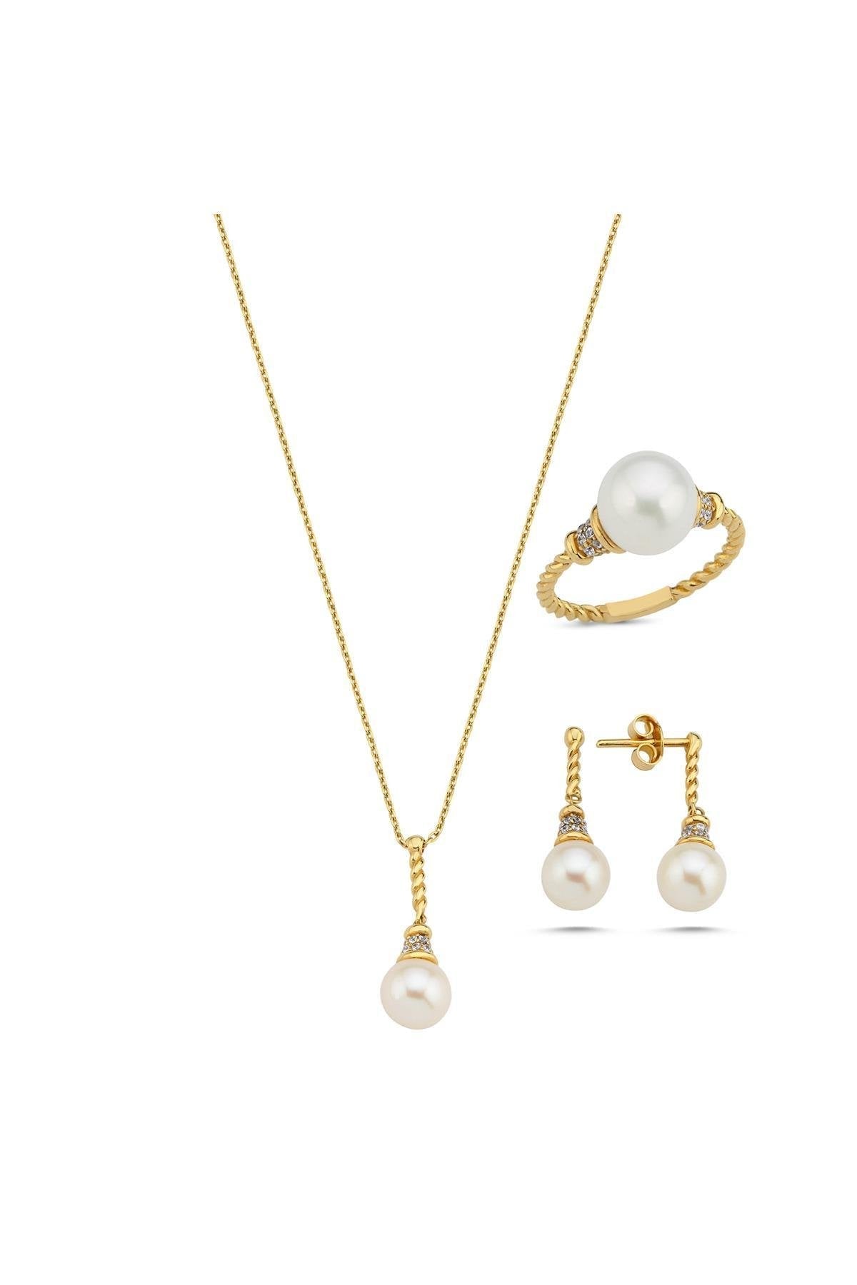 Burgulu Zirkon Taşlı Doğal İnci Küpe Kolye Yüzük Üçlü Set