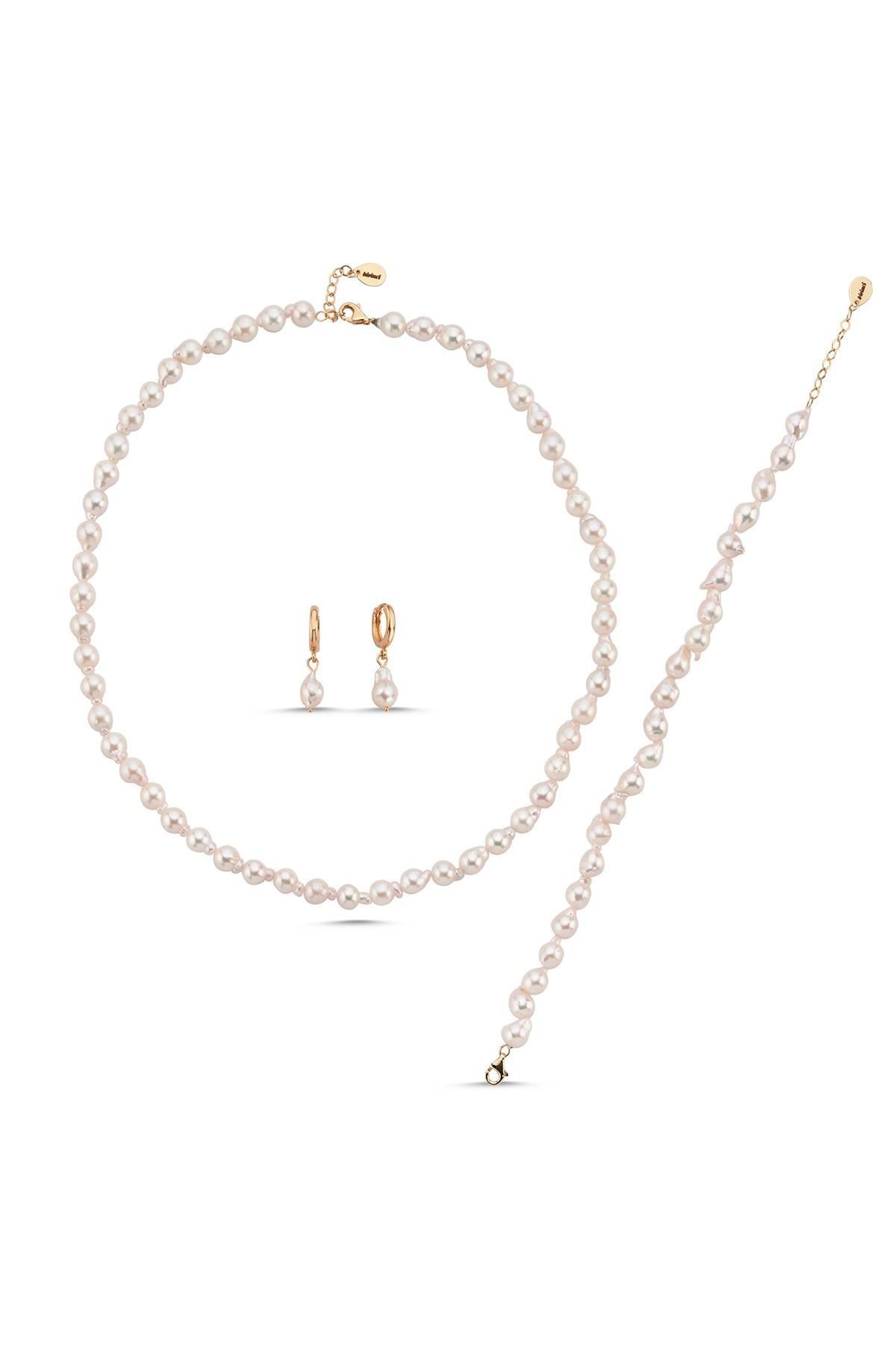 Damla Barok İnci Kolye Bileklik Küpe Üçlü Set