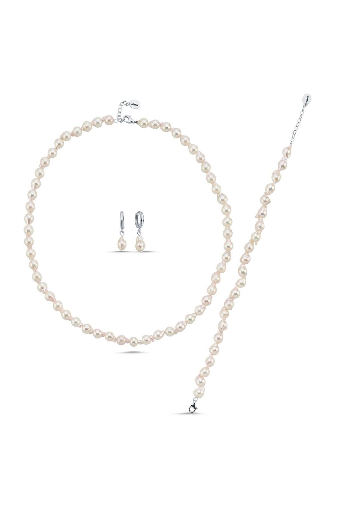 Damla Barok İnci Kolye Bileklik Küpe Üçlü Set