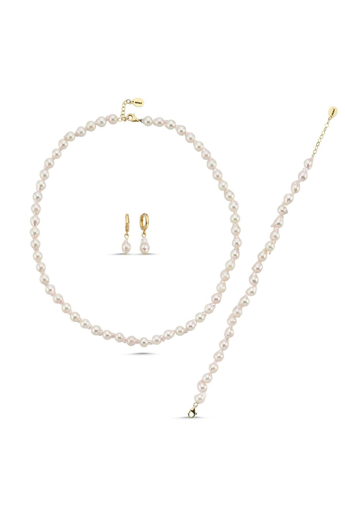 Damla Barok İnci Kolye Bileklik Küpe Üçlü Set