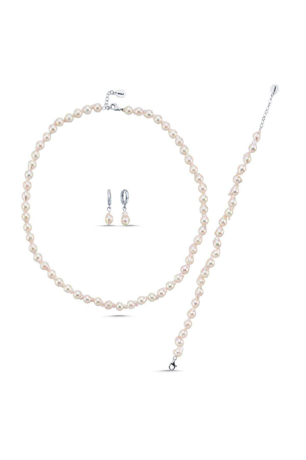 Damla Barok İnci Kolye Bileklik Küpe Üçlü Set