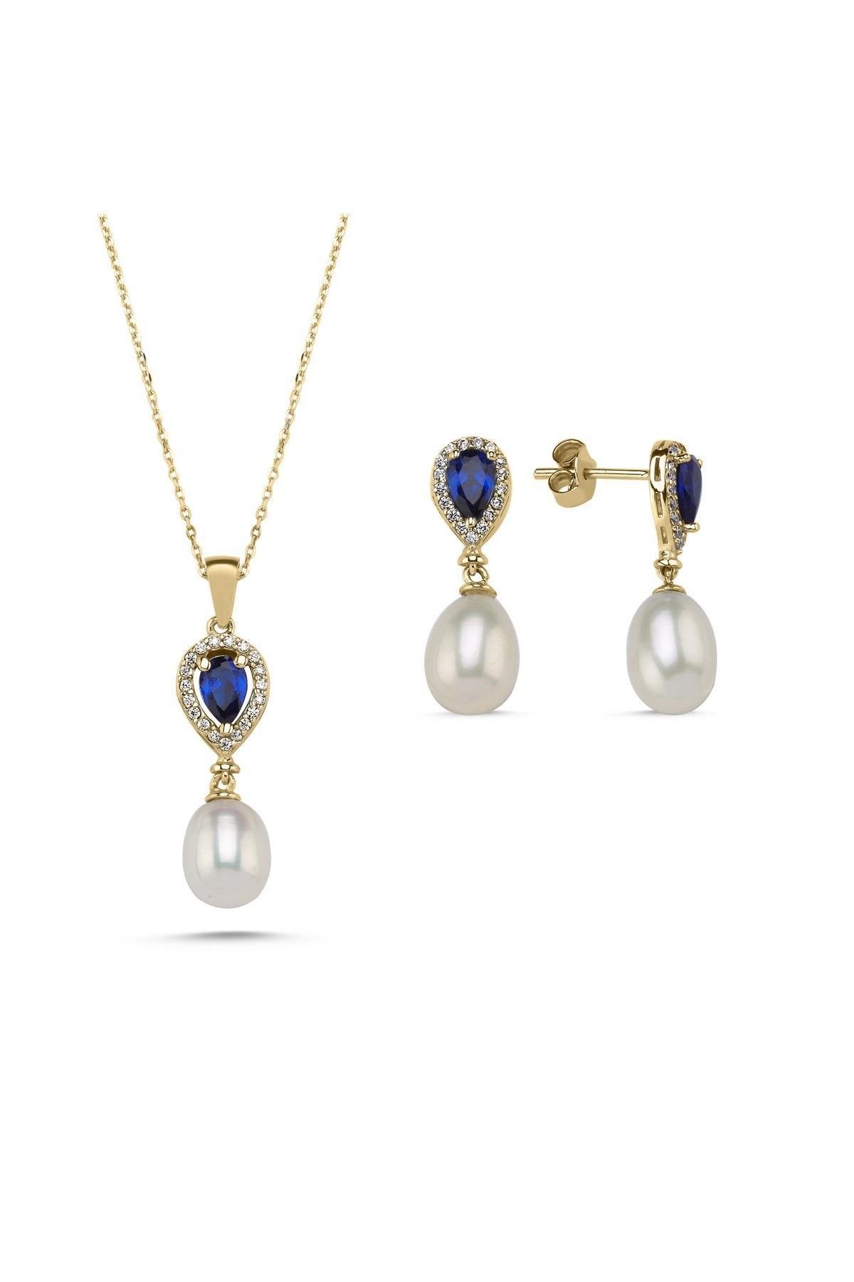 Damla Safir Doğal İnci Sallantı Küpe Kolye İkili Set