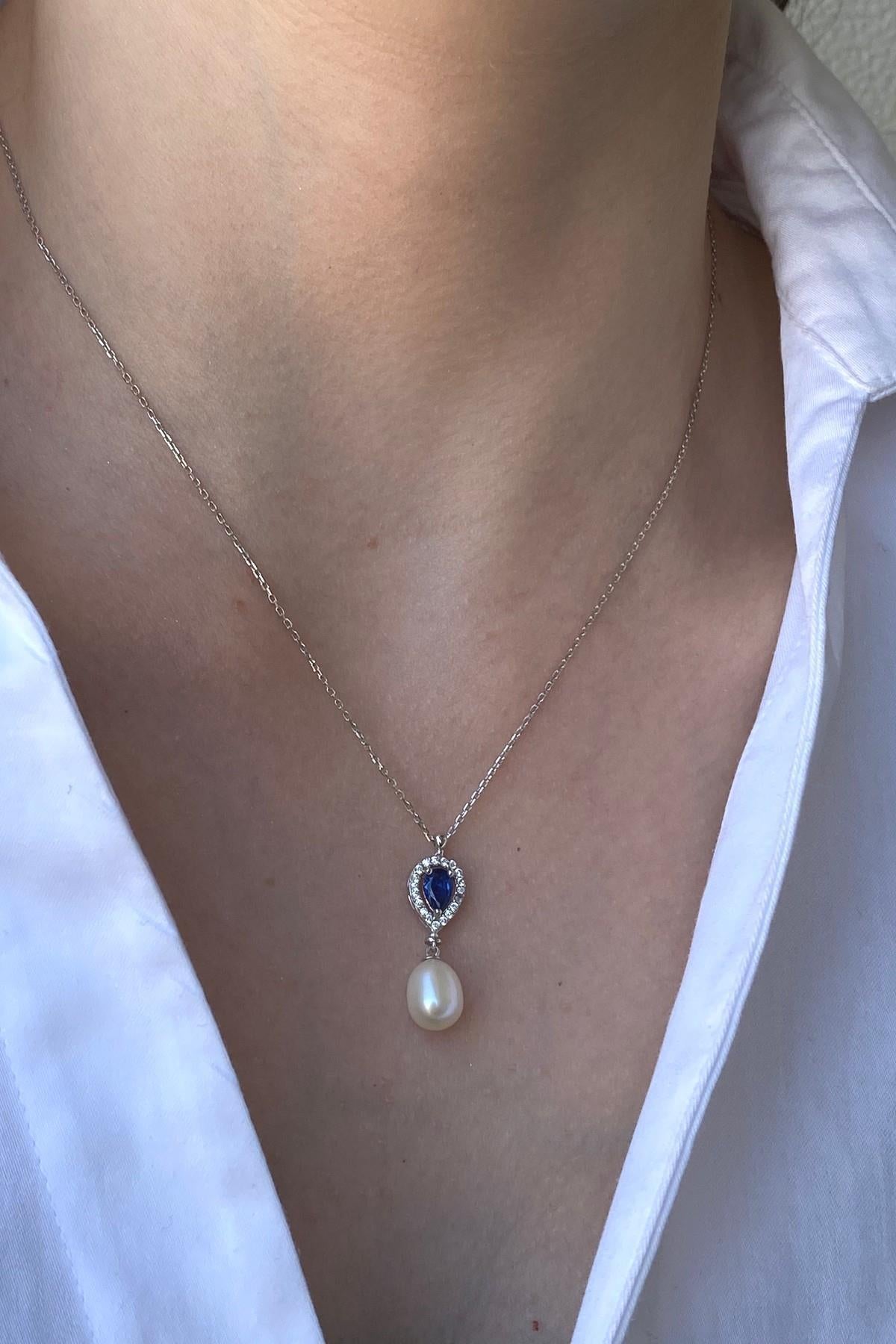 Damla Safir Doğal İnci Sallantı Küpe Kolye İkili Set