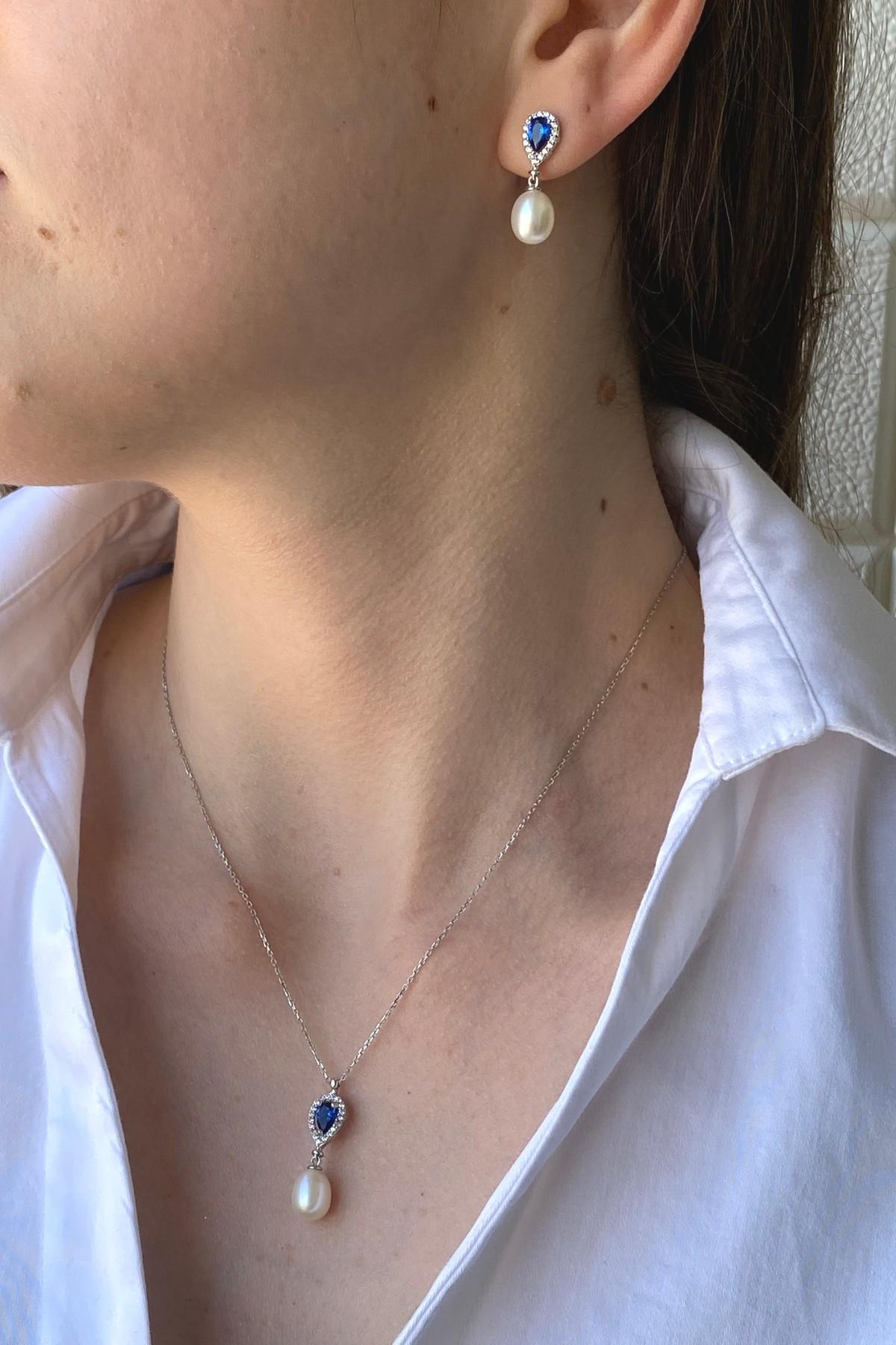 Damla Safir Doğal İnci Sallantı Küpe Kolye İkili Set