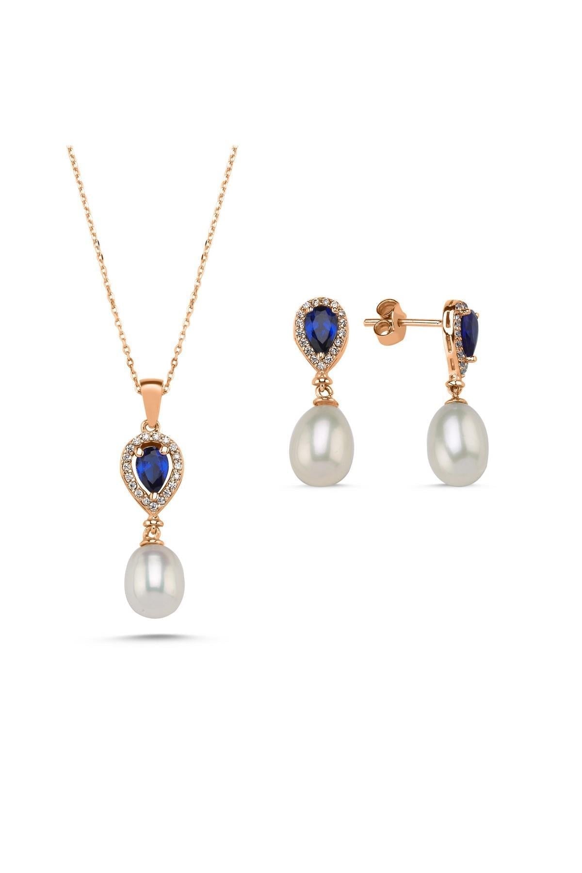 Damla Safir Doğal İnci Sallantı Küpe Kolye İkili Set