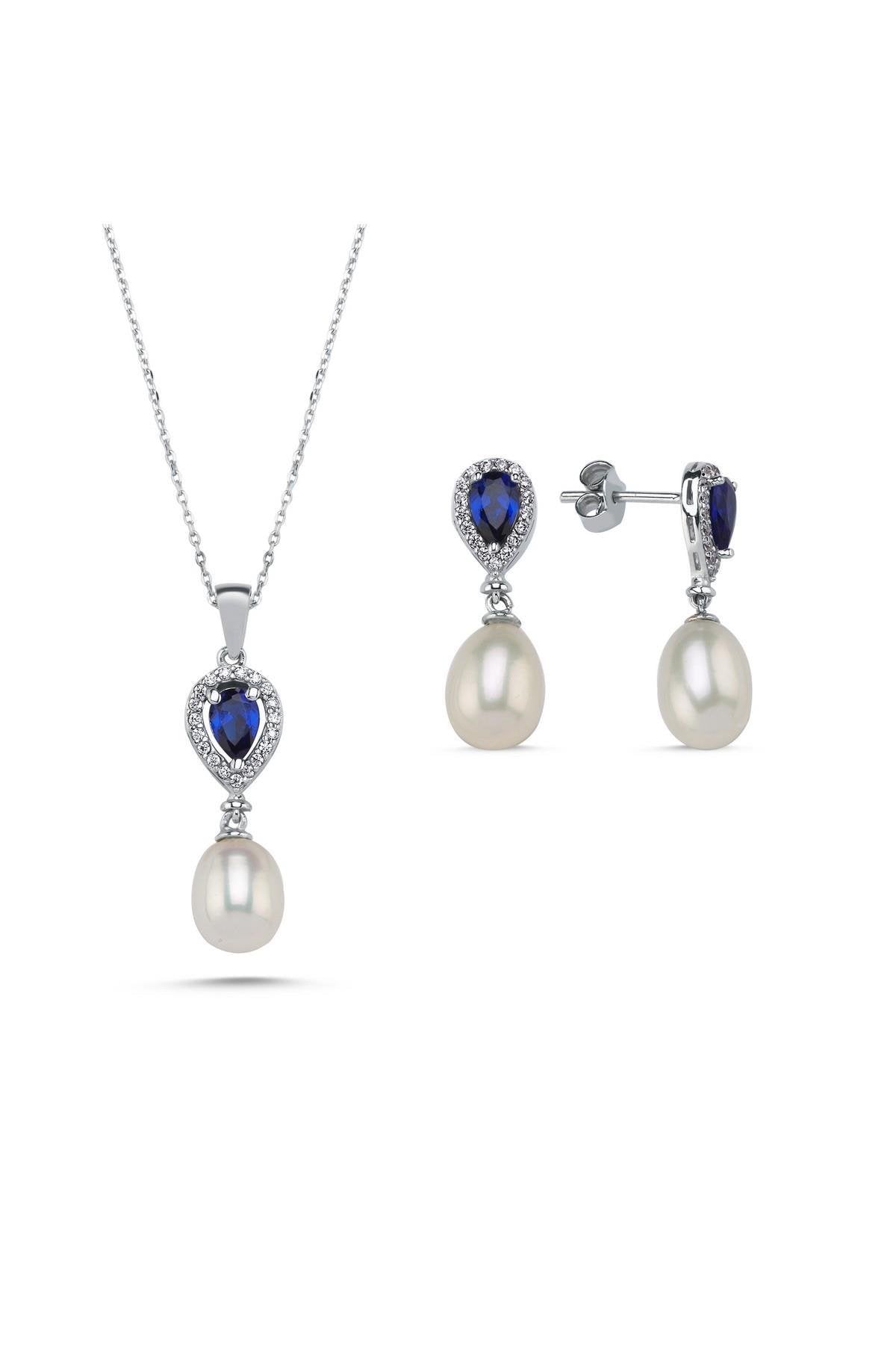 Damla Safir Doğal İnci Sallantı Küpe Kolye İkili Set