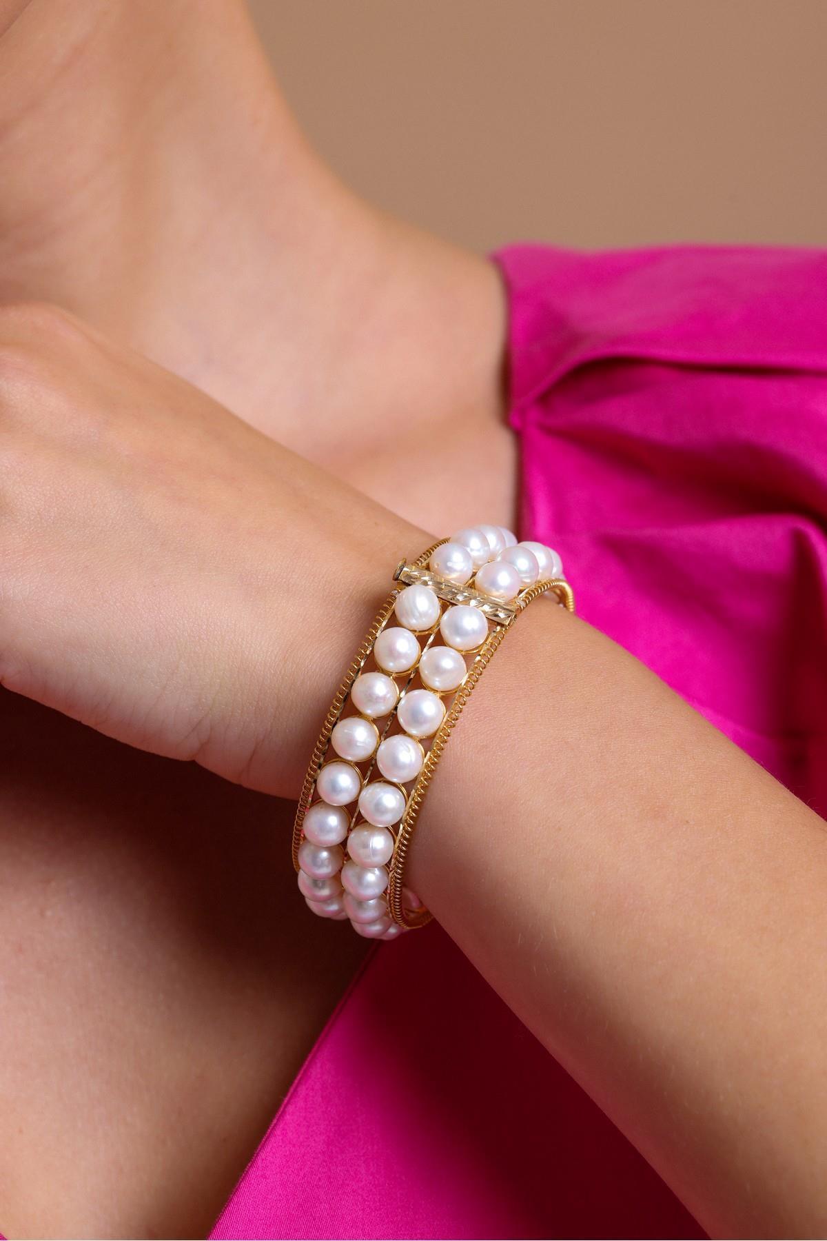 Çift Sıra Doğal İnci Kelepçe Bileklik
